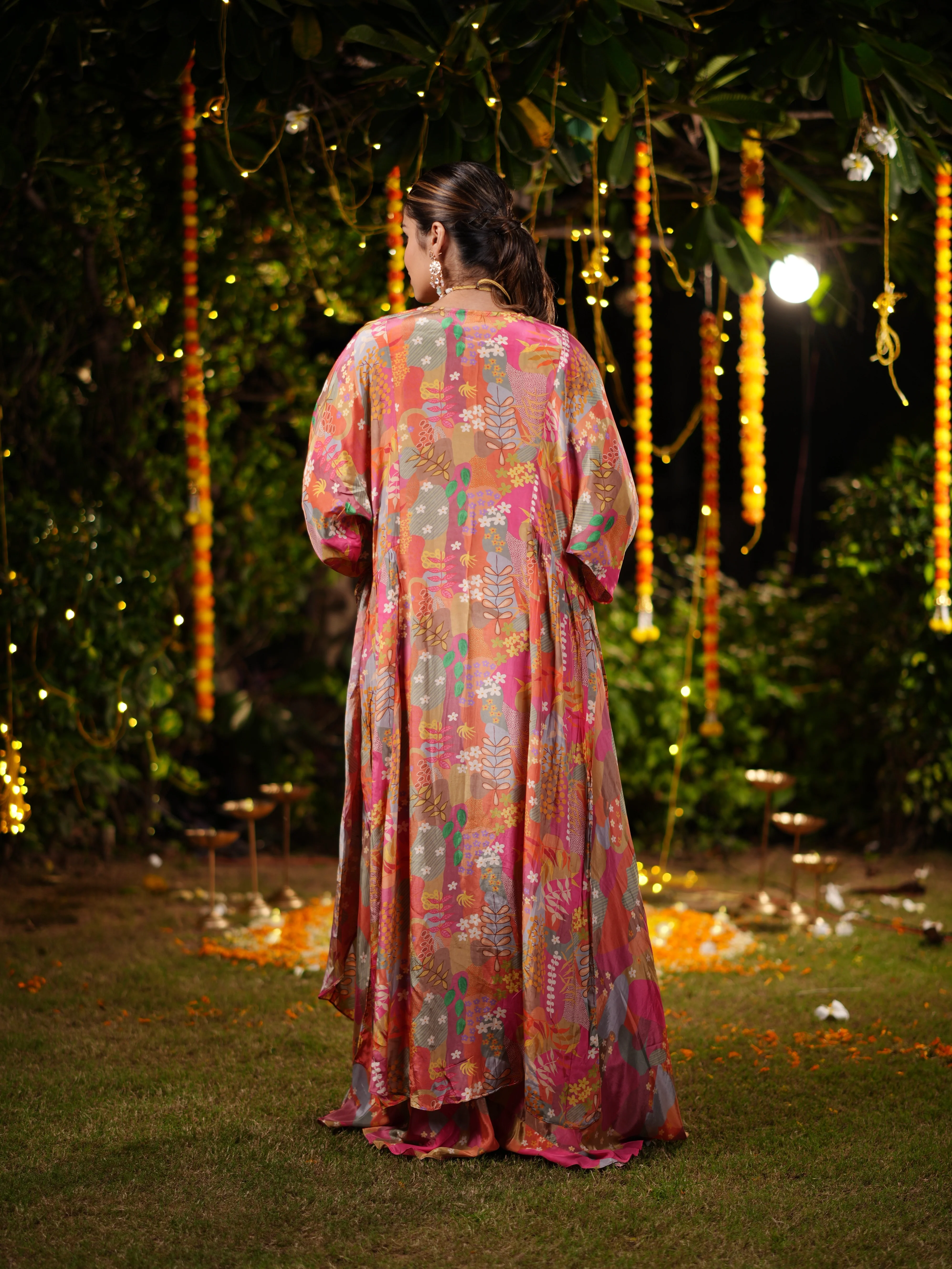 Sunset Bloom Embroidered Palazzo Suit Set with Printed Cape & Sequin Blouse - Image 4