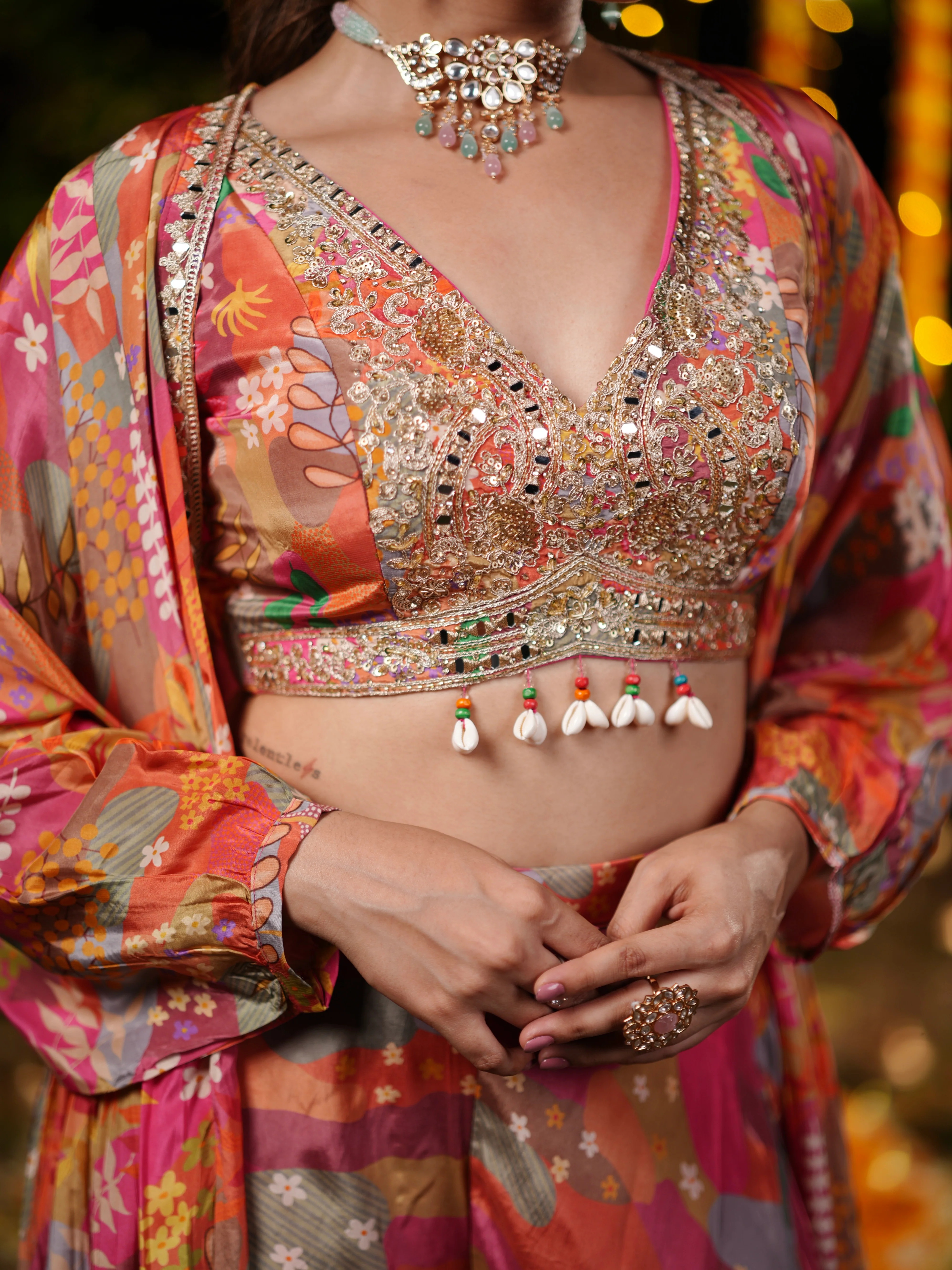 Sunset Bloom Embroidered Palazzo Suit Set with Printed Cape & Sequin Blouse - Image 5