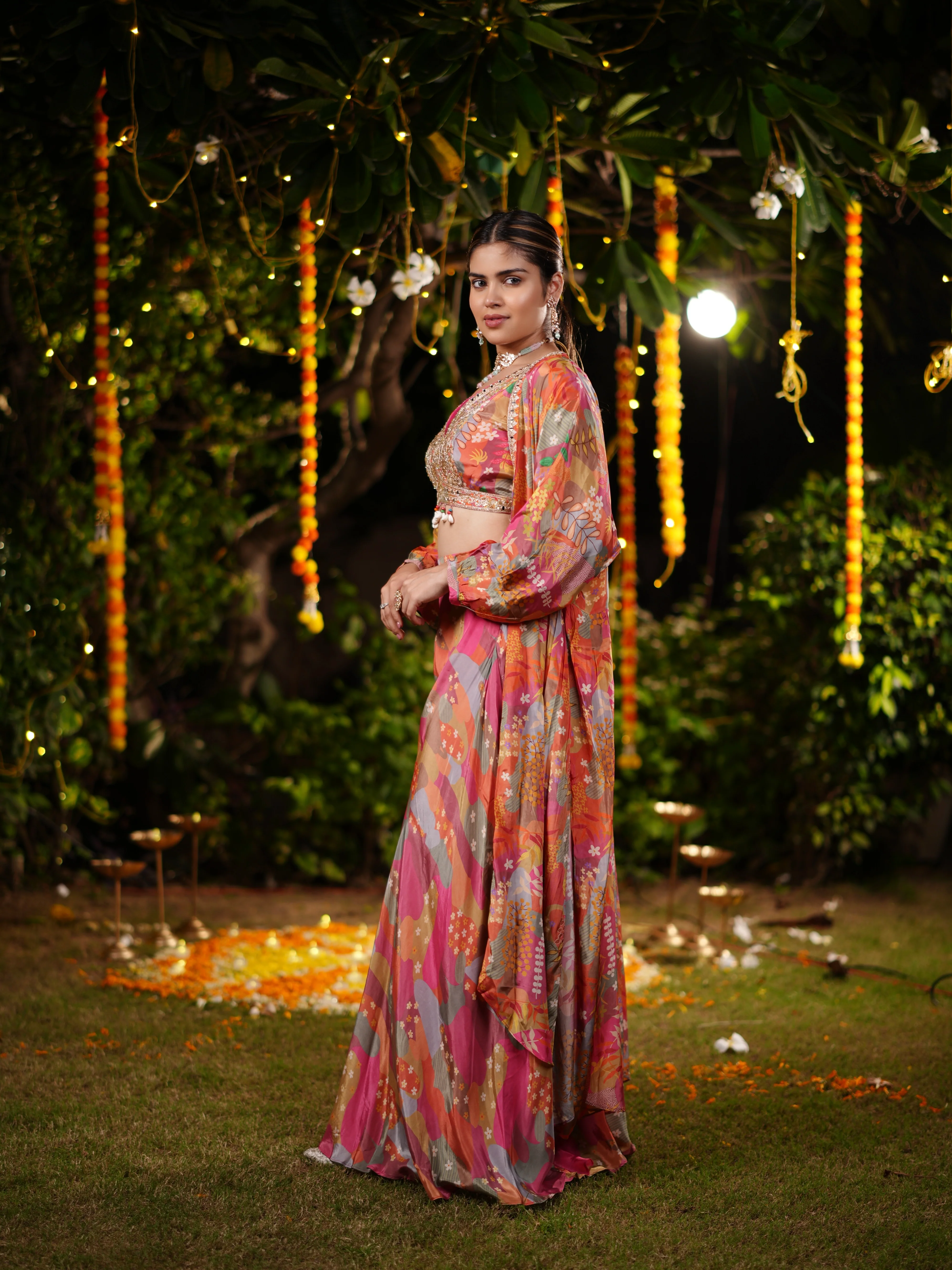 Sunset Bloom Embroidered Palazzo Suit Set with Printed Cape & Sequin Blouse - Image 6