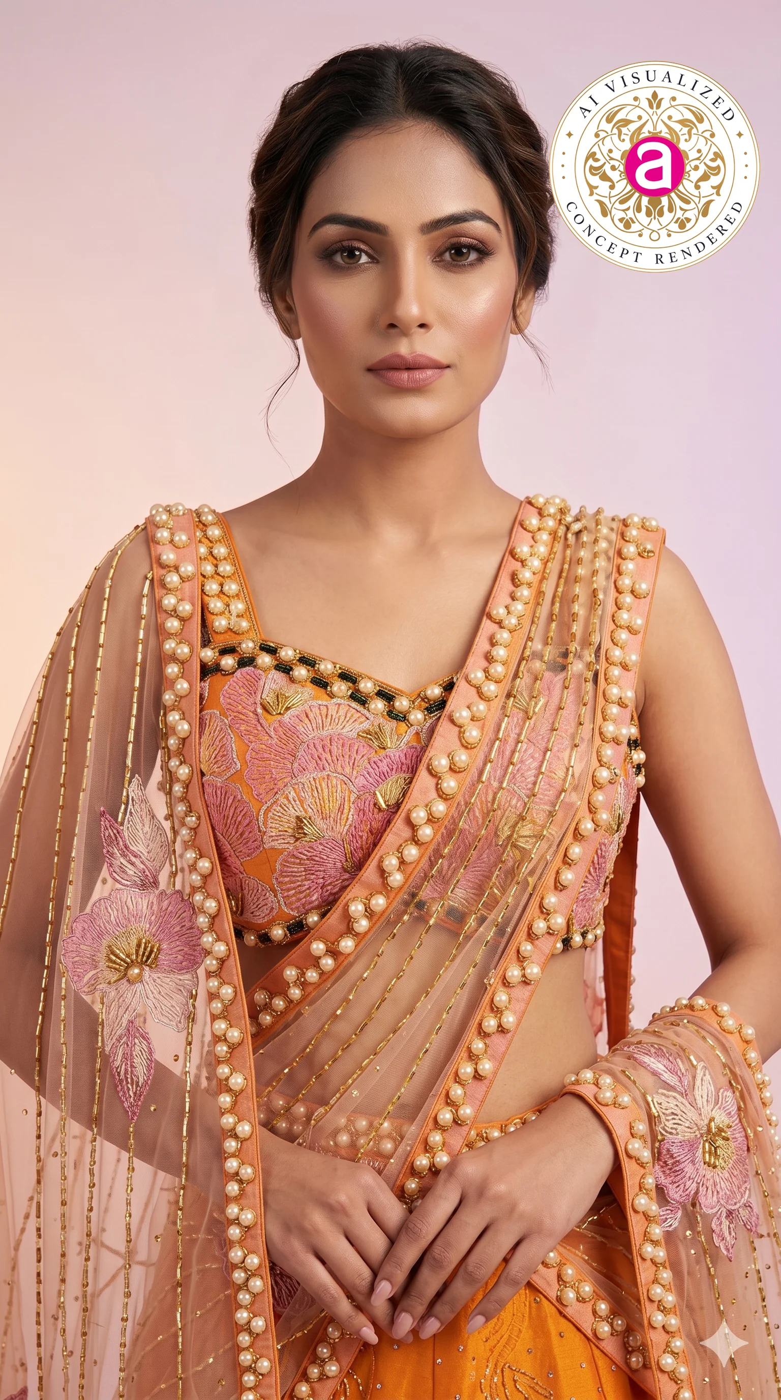 Sunset Orange & Blush Pink Embroidered Designer Lehenga Choli with Net Dupatta - Image 2