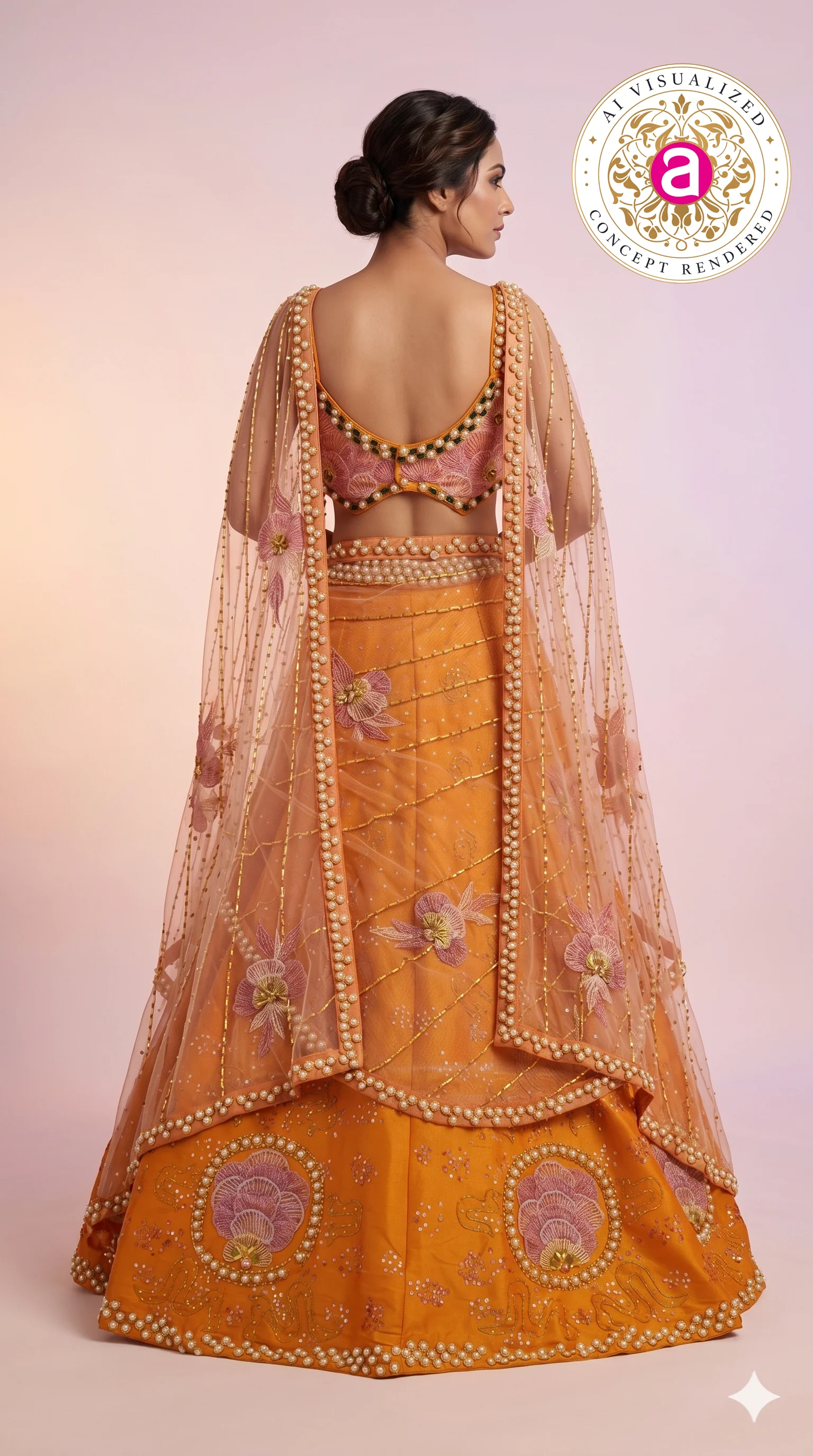 Sunset Orange & Blush Pink Embroidered Designer Lehenga Choli with Net Dupatta - Image 3