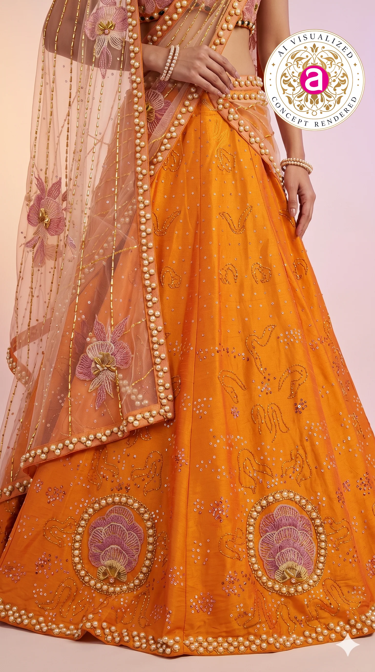 Sunset Orange & Blush Pink Embroidered Designer Lehenga Choli with Net Dupatta - Image 4
