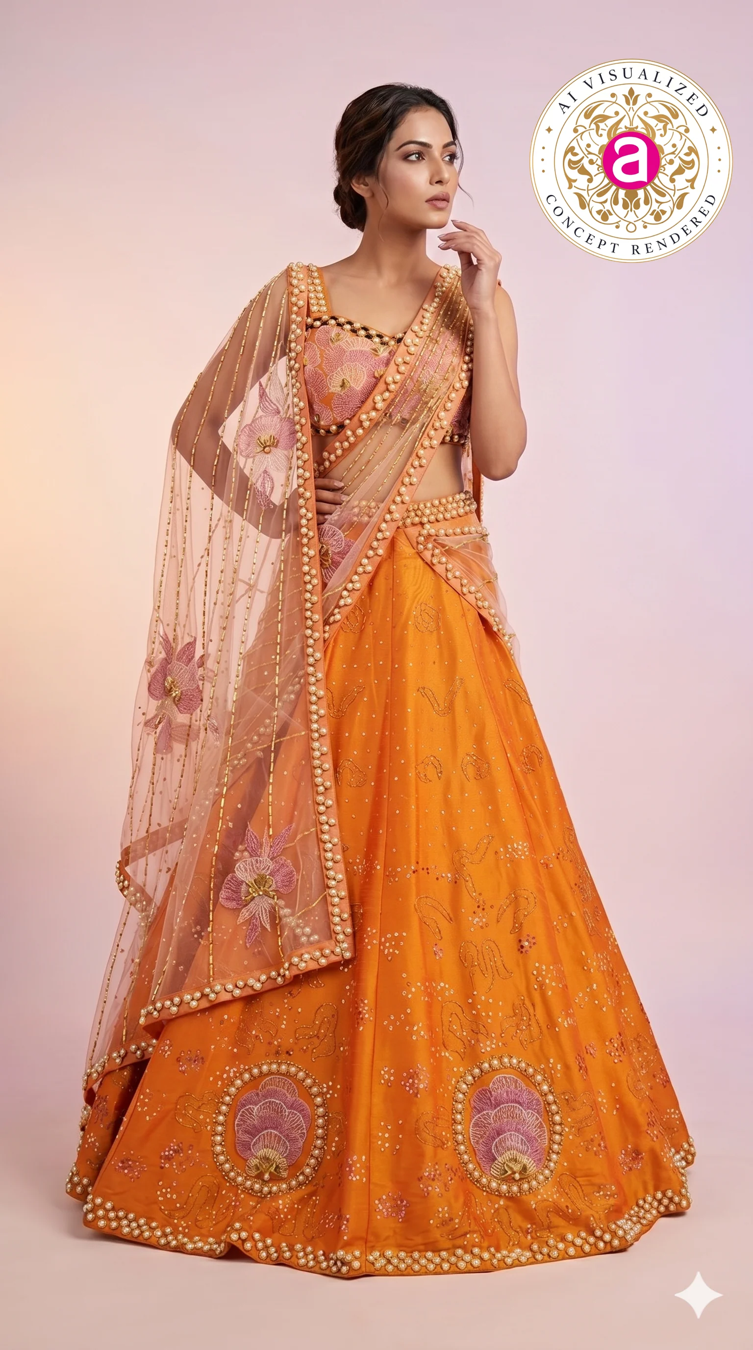 Sunset Orange & Blush Pink Embroidered Designer Lehenga Choli with Net Dupatta - Image 5