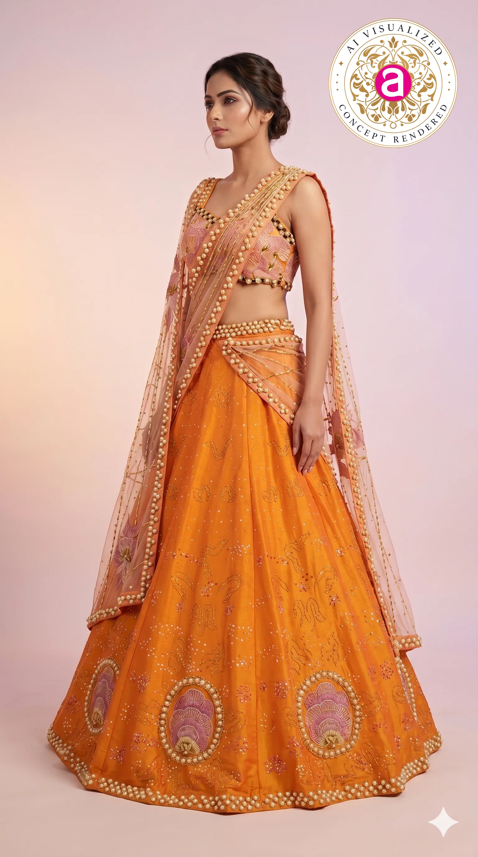 Sunset Orange & Blush Pink Embroidered Designer Lehenga Choli with Net Dupatta - Image 6