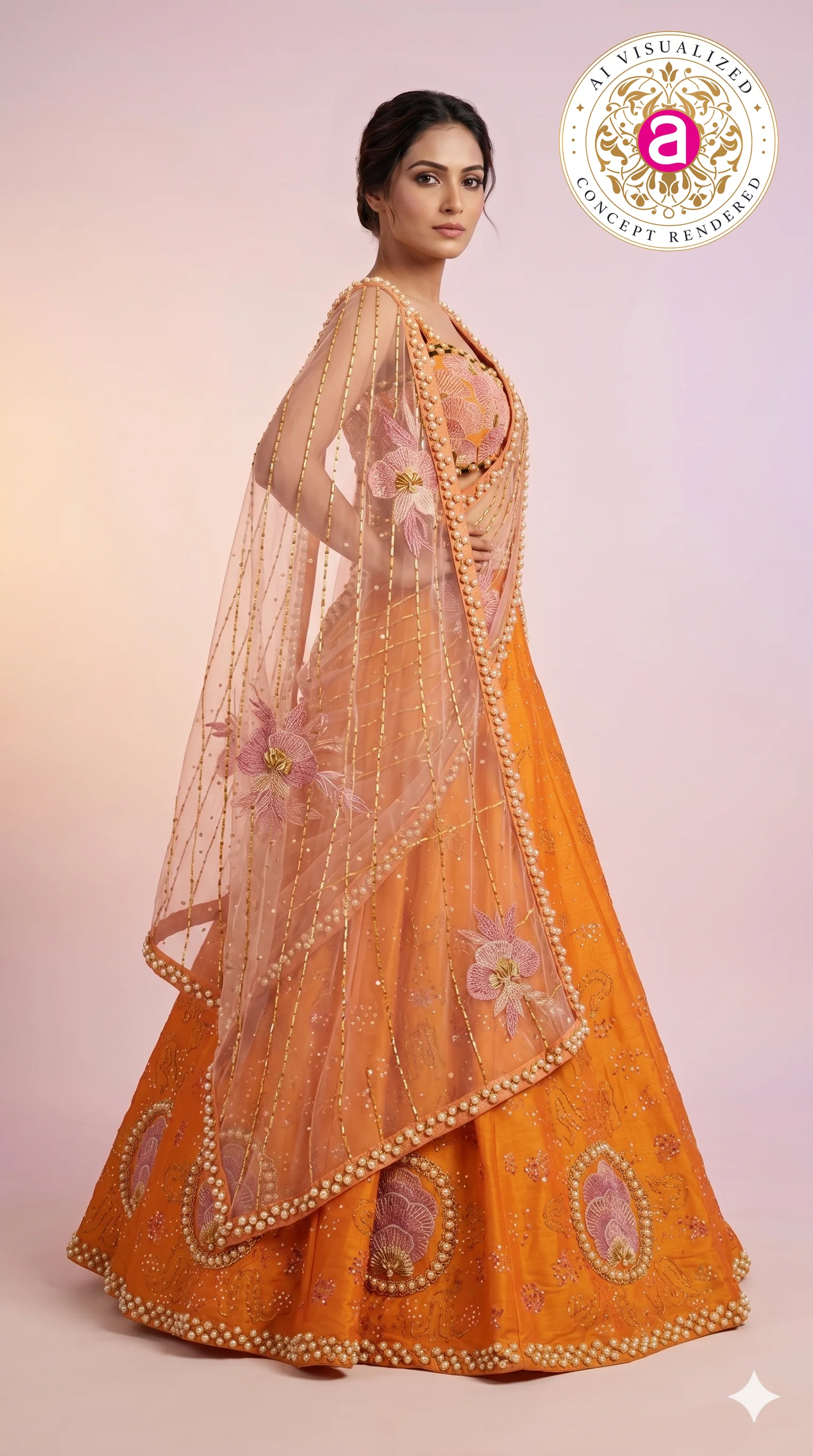 Sunset Orange & Blush Pink Embroidered Designer Lehenga Choli with Net Dupatta - Image 7