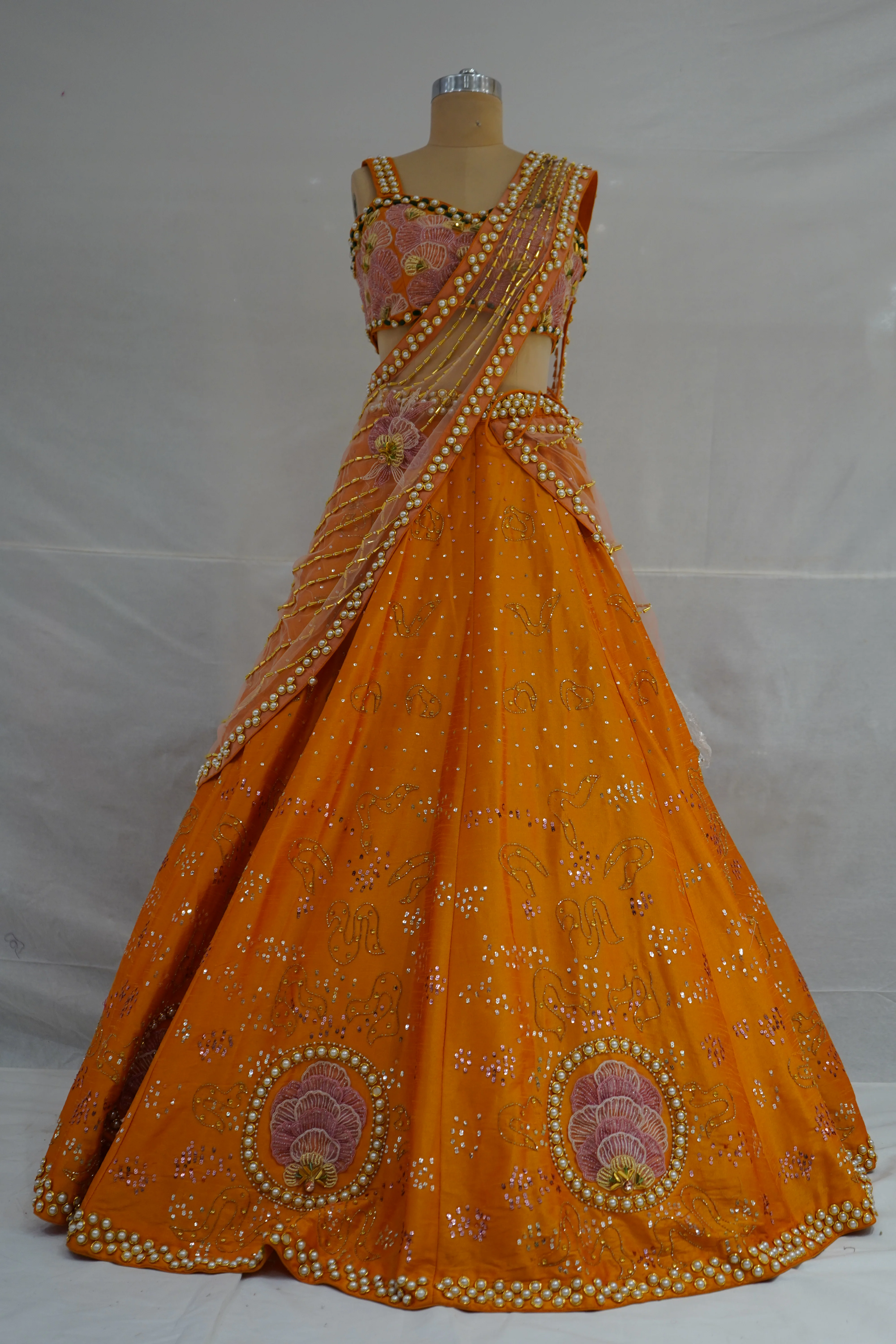 Sunset Orange & Blush Pink Embroidered Designer Lehenga Choli with Net Dupatta - Image 8