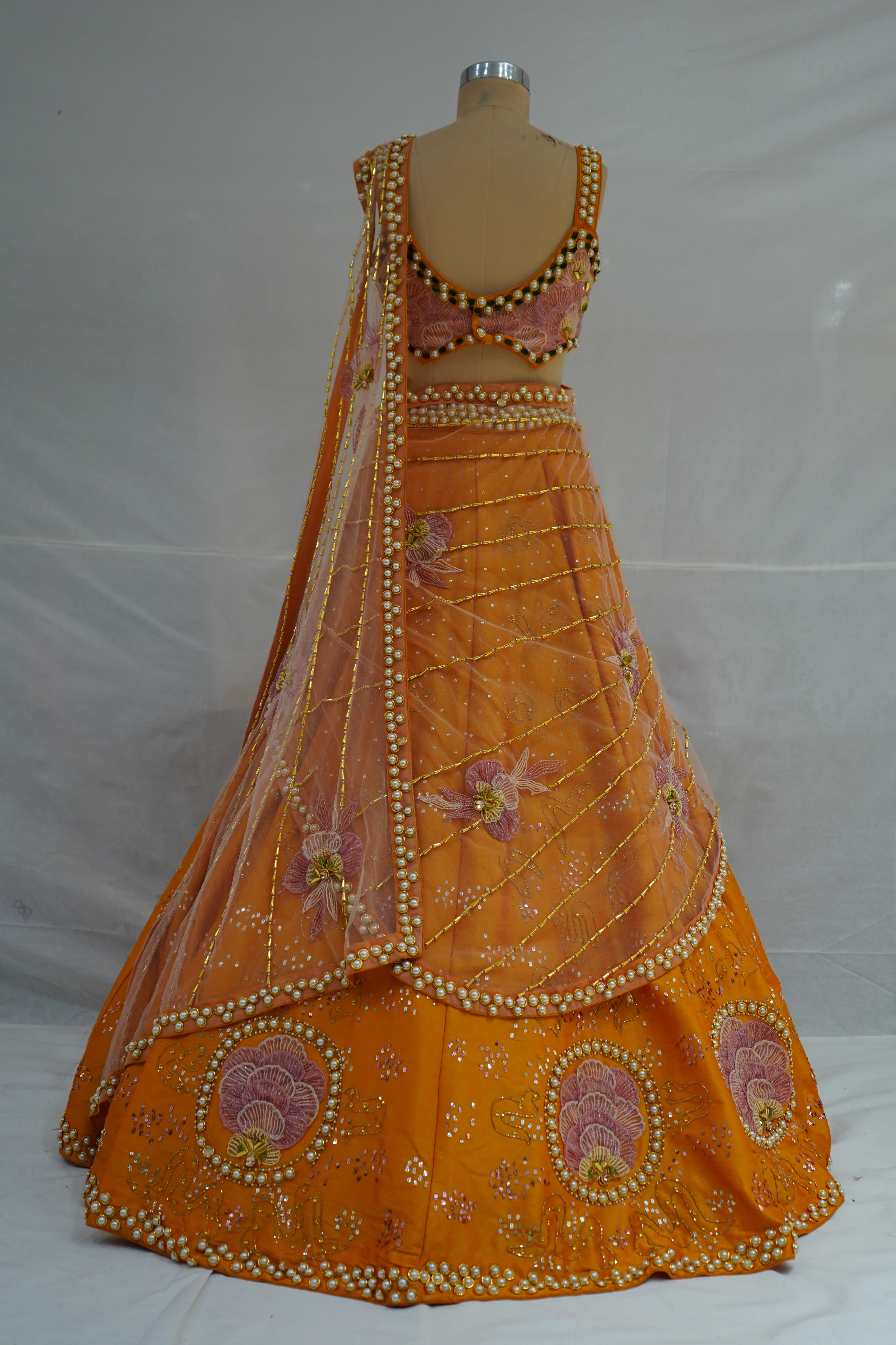 Sunset Orange & Blush Pink Embroidered Designer Lehenga Choli with Net Dupatta - Image 9