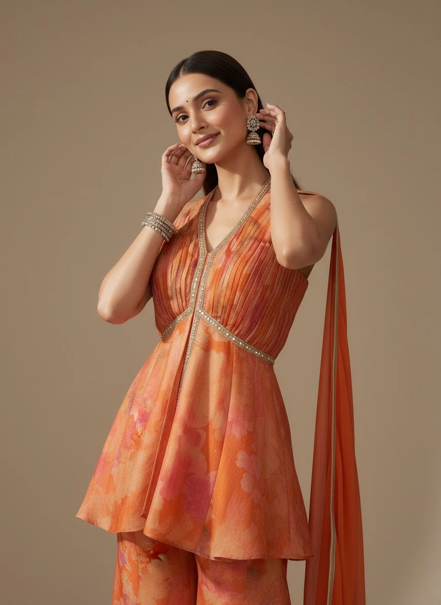 Sunset Orange Printed Peplum Top with Flared Skirt & Dupatta Set - Image 2