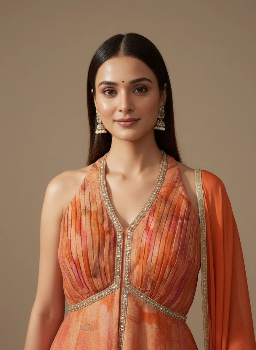 Sunset Orange Printed Peplum Top with Flared Skirt & Dupatta Set - Image 3