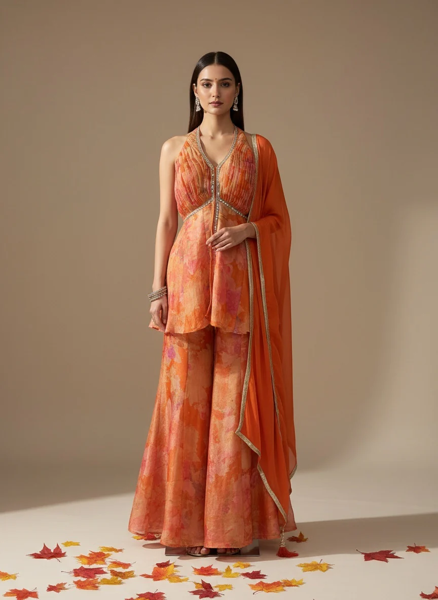 Sunset Orange Printed Peplum Top with Flared Skirt & Dupatta Set - Image 4