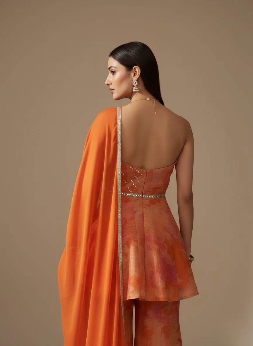 Sunset Orange Printed Peplum Top with Flared Skirt & Dupatta Set - Image 5