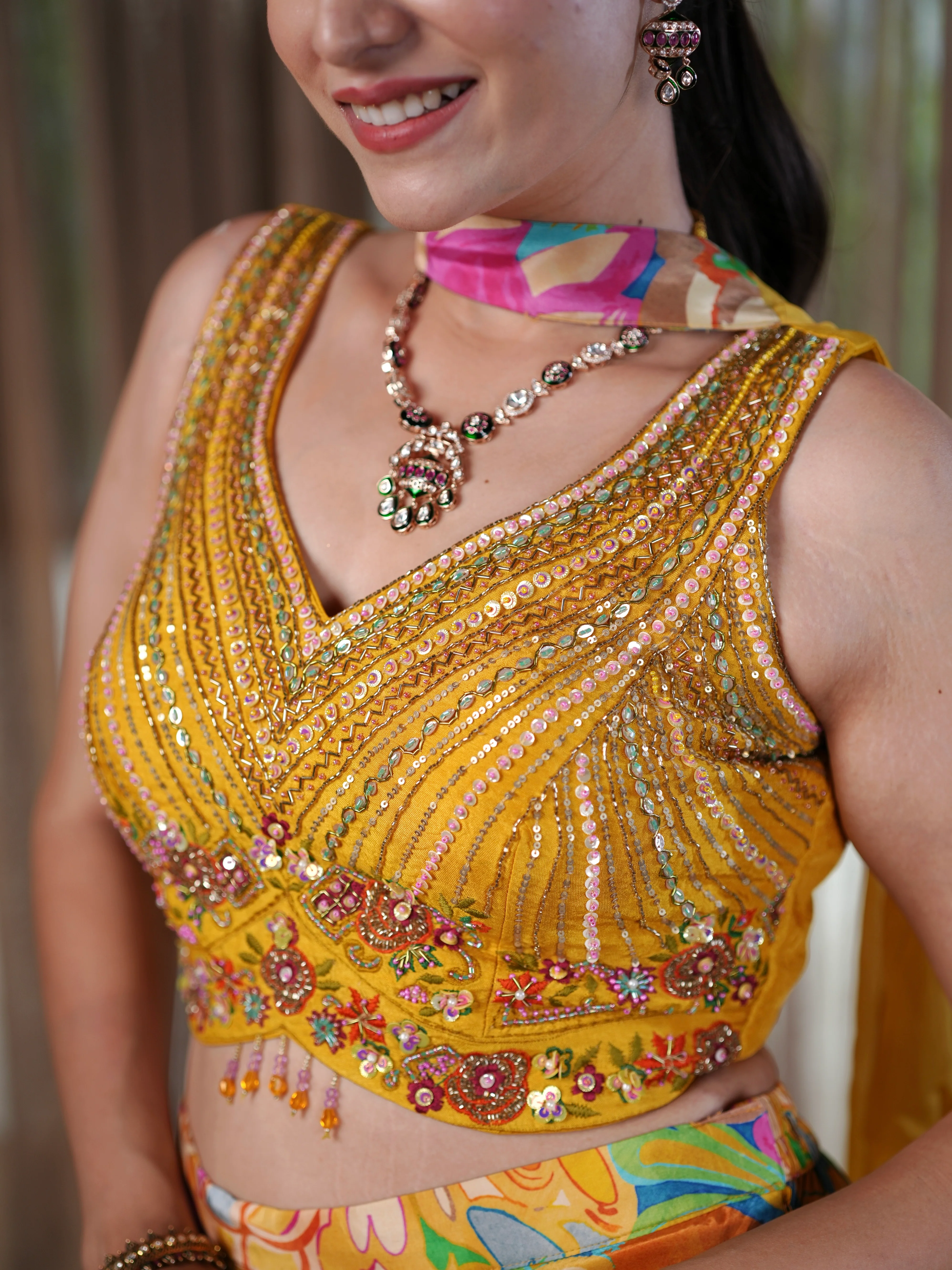 Sunshine Bloom Yellow Embroidered Palazzo Suit with Floral Print Pants & Sequin Crop To - Image 2