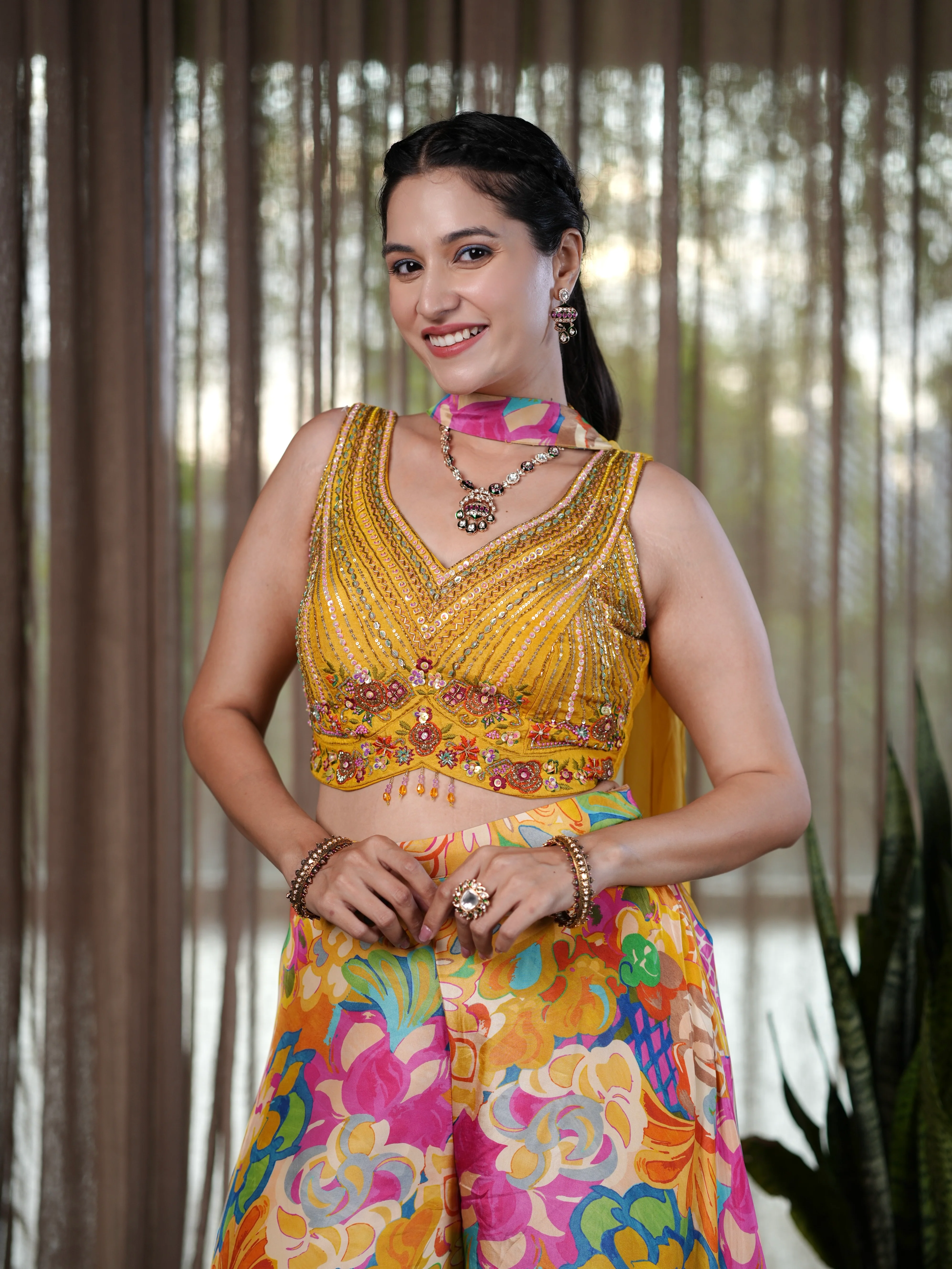 Sunshine Bloom Yellow Embroidered Palazzo Suit with Floral Print Pants & Sequin Crop To - Image 3