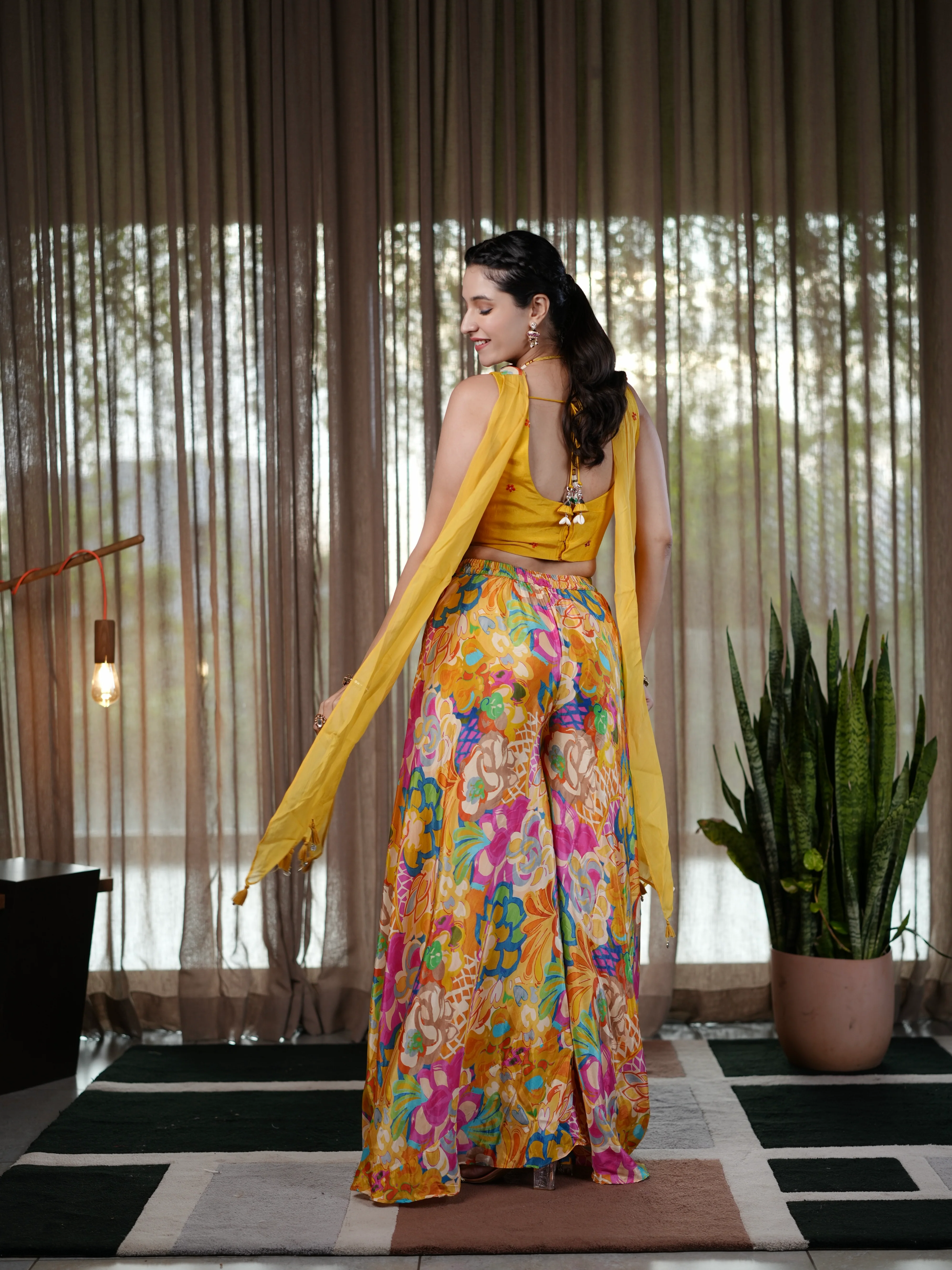 Sunshine Bloom Yellow Embroidered Palazzo Suit with Floral Print Pants & Sequin Crop To - Image 4