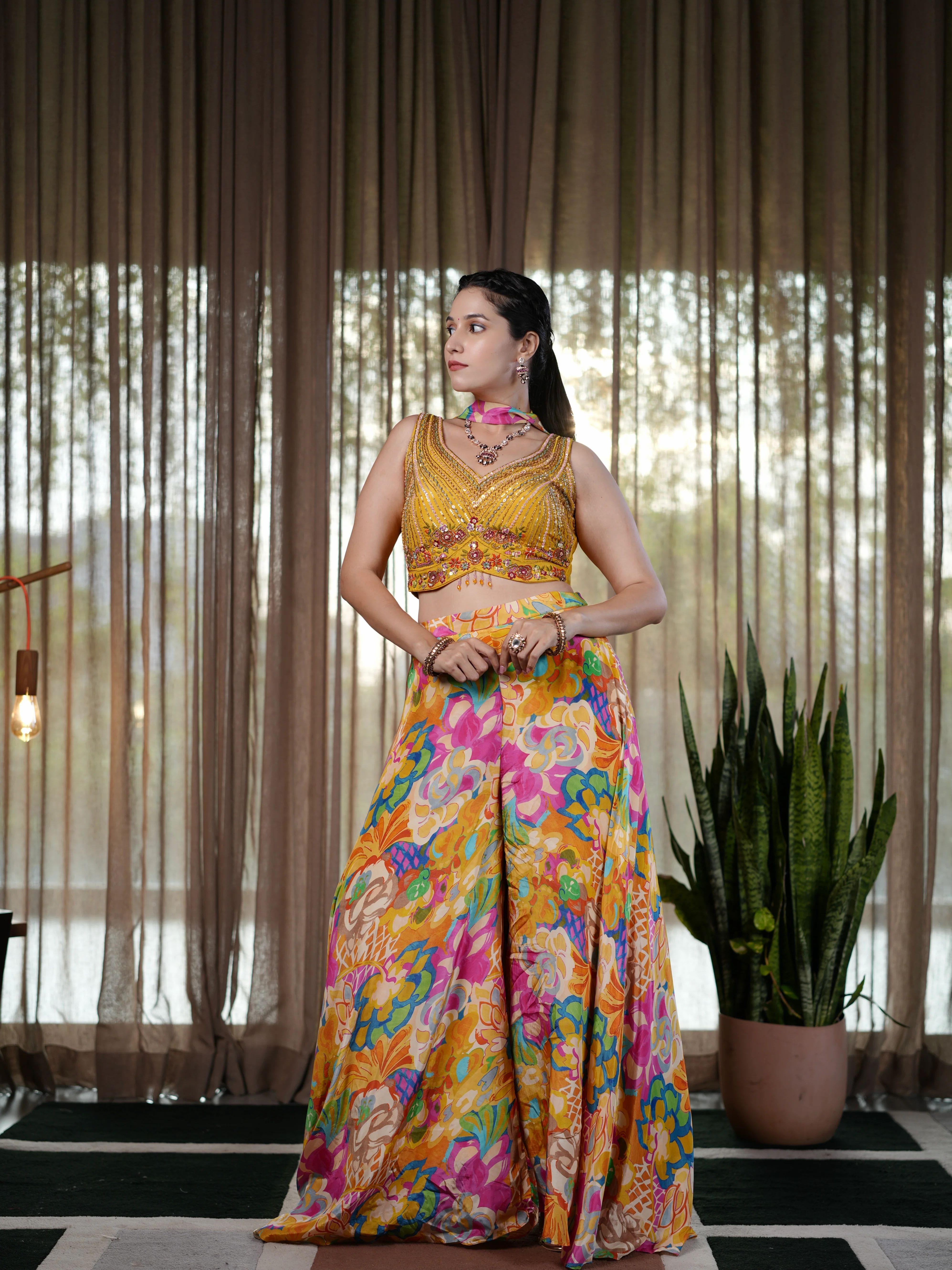 Sunshine Bloom Yellow Embroidered Palazzo Suit with Floral Print Pants & Sequin Crop To - Image 5