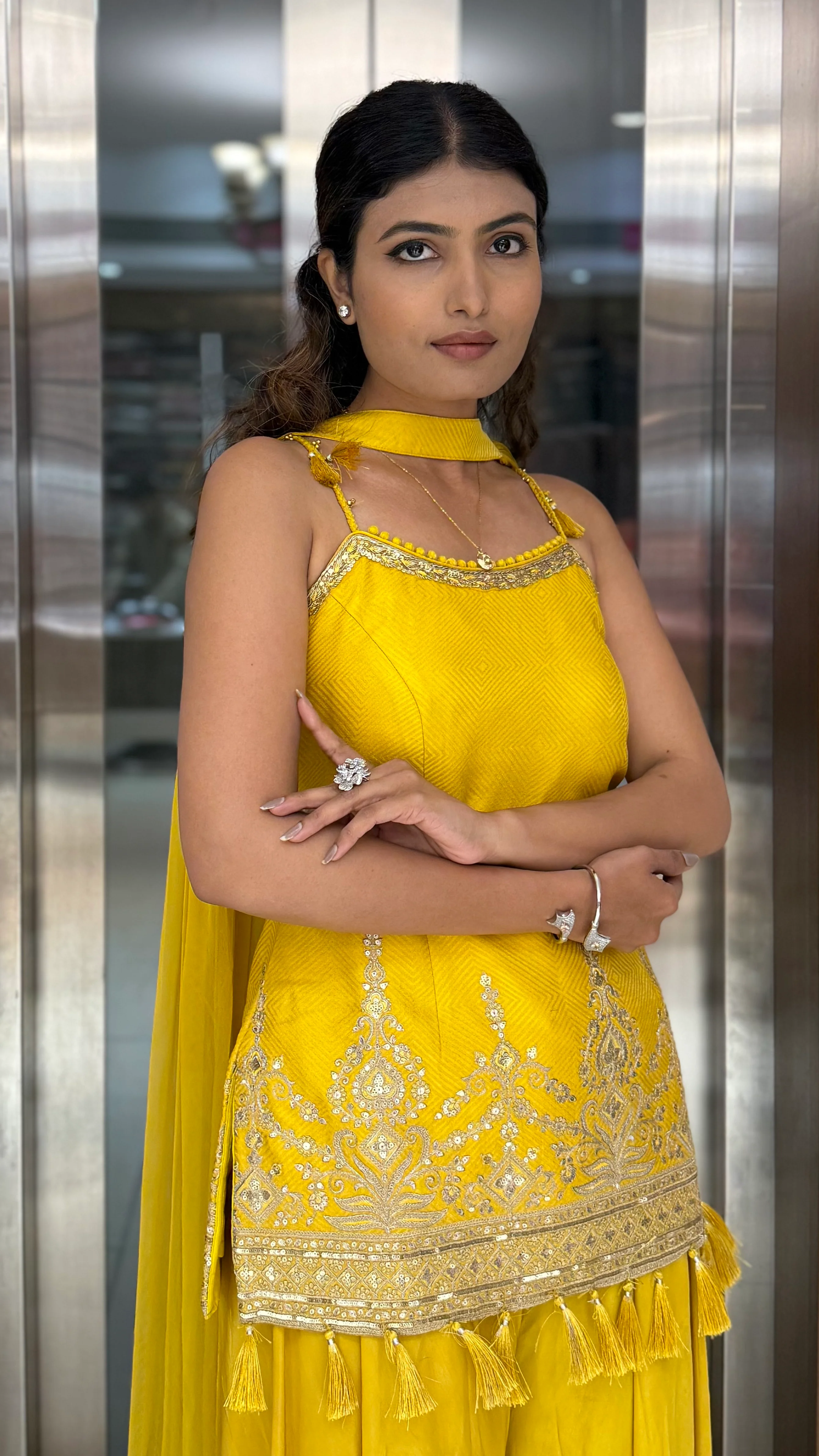 Sunshine Yellow Embellished Kurta Sharara Set with Tassel Detailing - Image 4