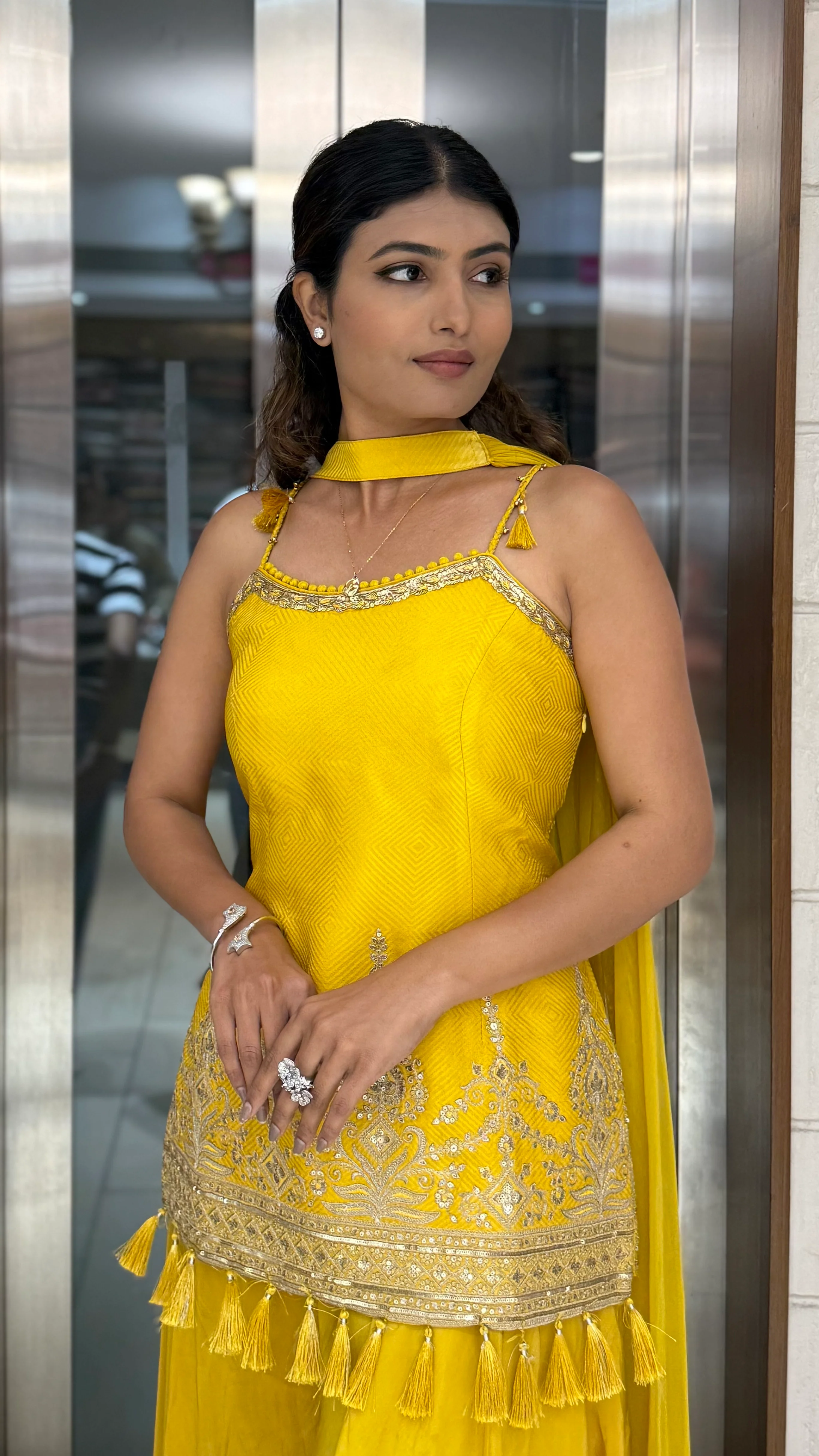 Sunshine Yellow Embellished Kurta Sharara Set with Tassel Detailing - Image 5