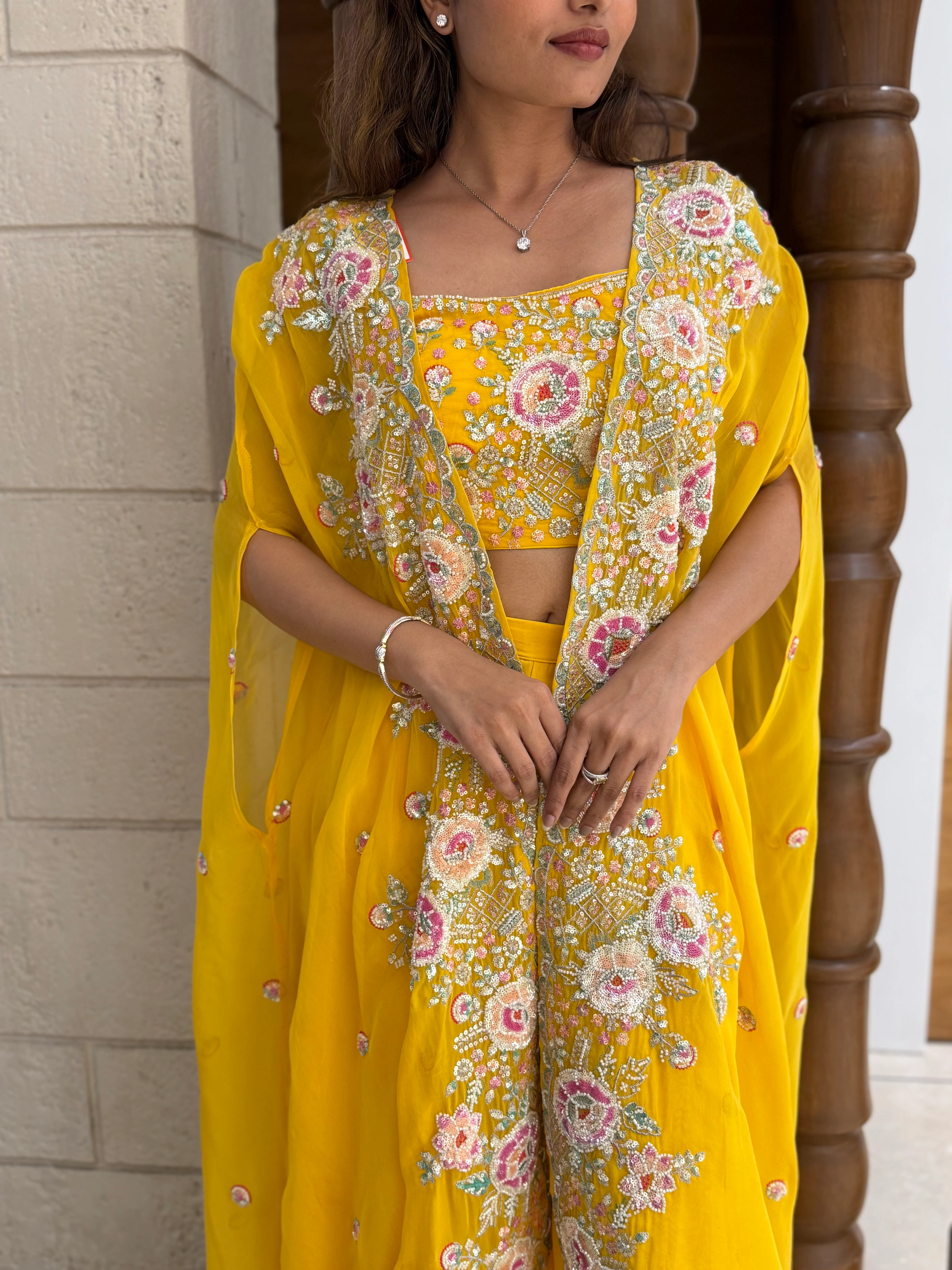 Sunshine Yellow Embroidered Cape Palazzo Set – Indo-Western Festive Ensemble - Image 2