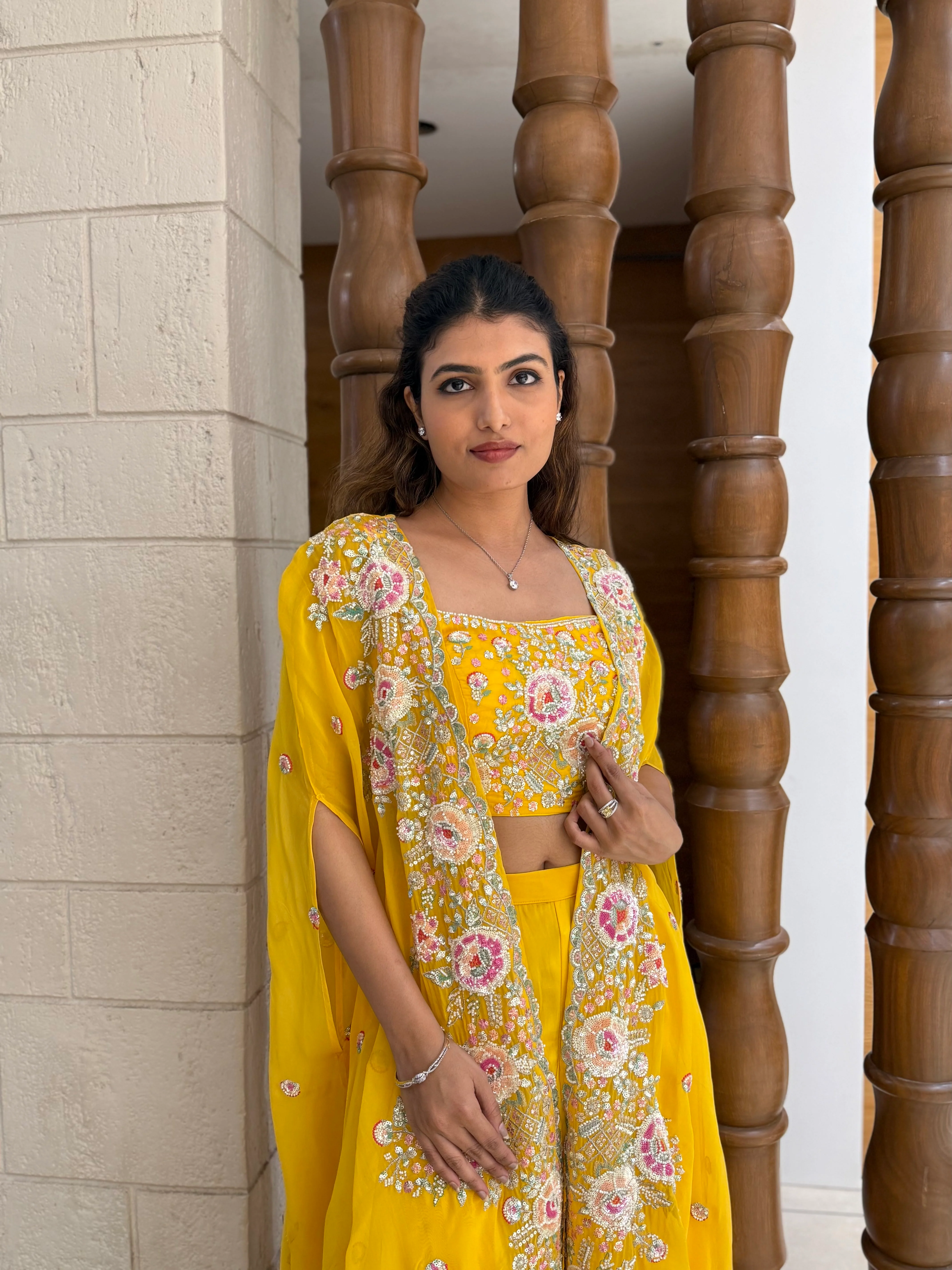 Sunshine Yellow Embroidered Cape Palazzo Set – Indo-Western Festive Ensemble - Image 3