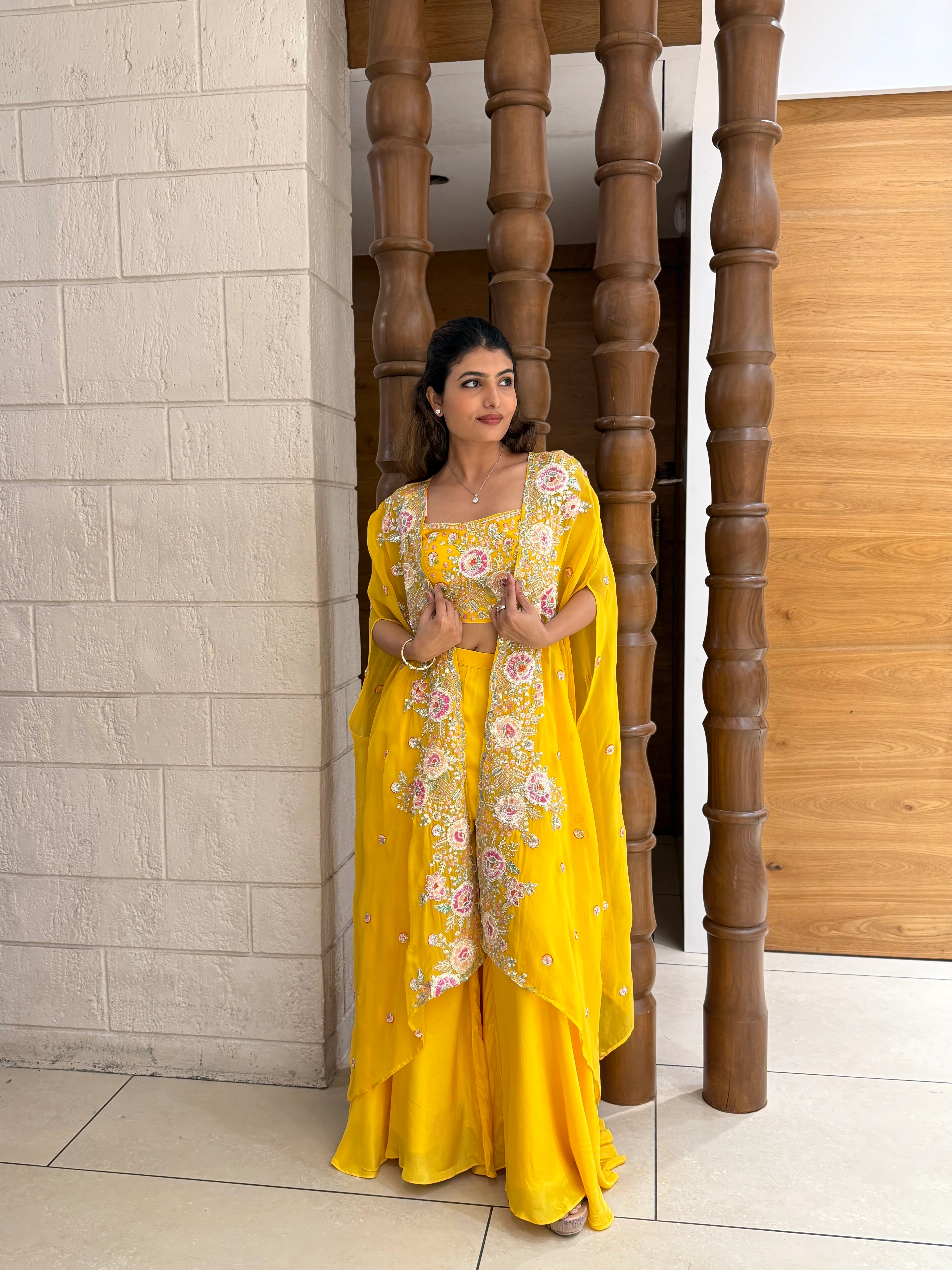 Sunshine Yellow Embroidered Cape Palazzo Set – Indo-Western Festive Ensemble - Image 4