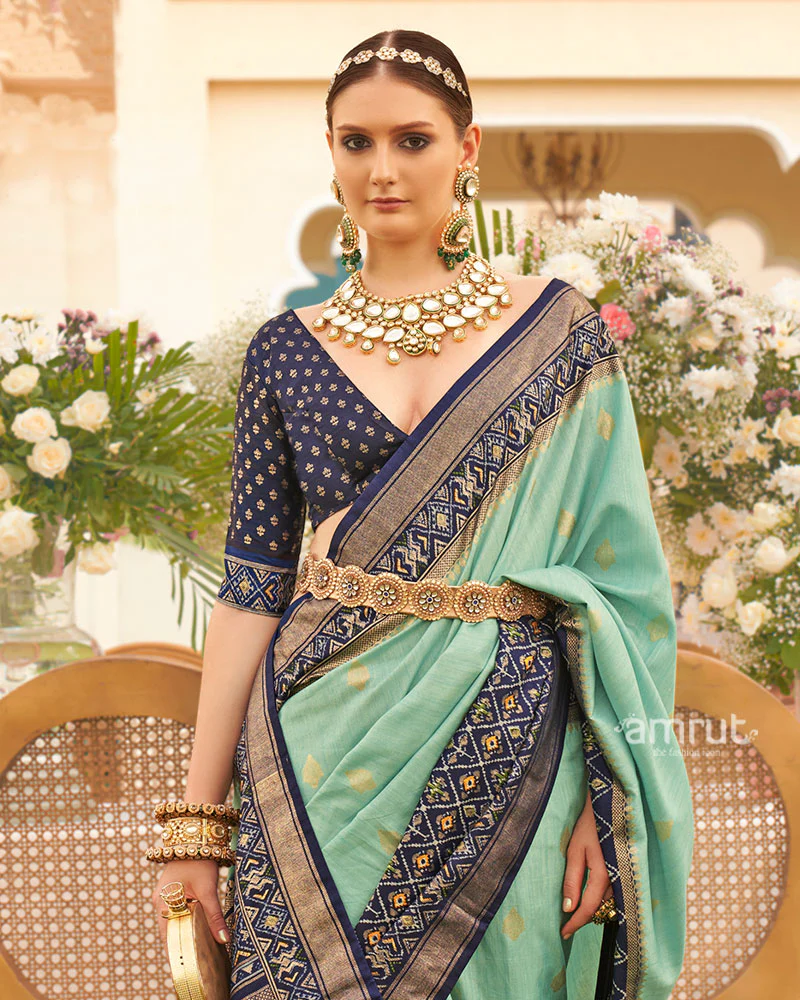 Sea Green & Navy Blue Patola Silk Saree with Heritage Woven Border - Image 2