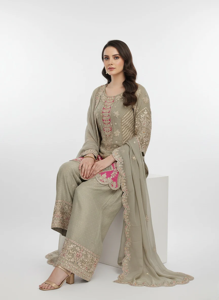 Taupe Beige Embroidered Kurta Palazzo Set with Scalloped Net Dupatta - Image 3