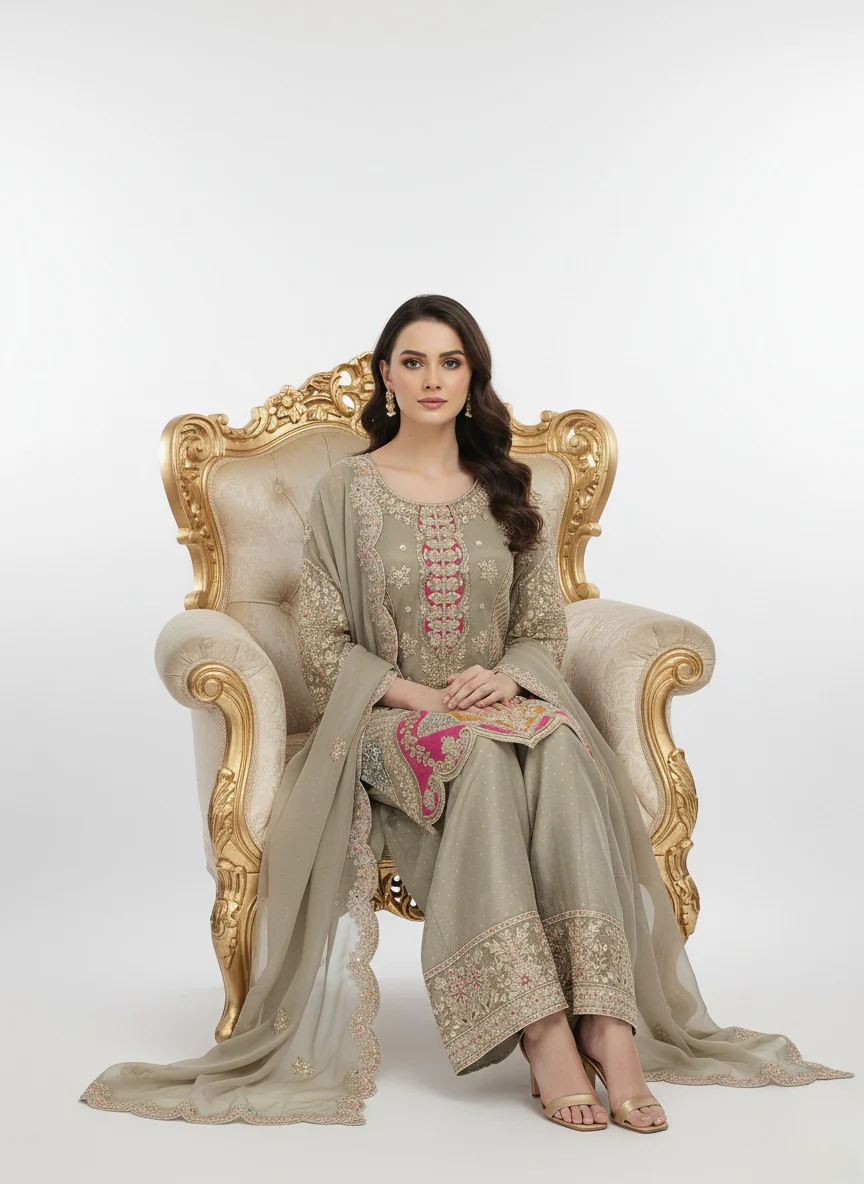 Taupe Beige Embroidered Kurta Palazzo Set with Scalloped Net Dupatta - Image 4