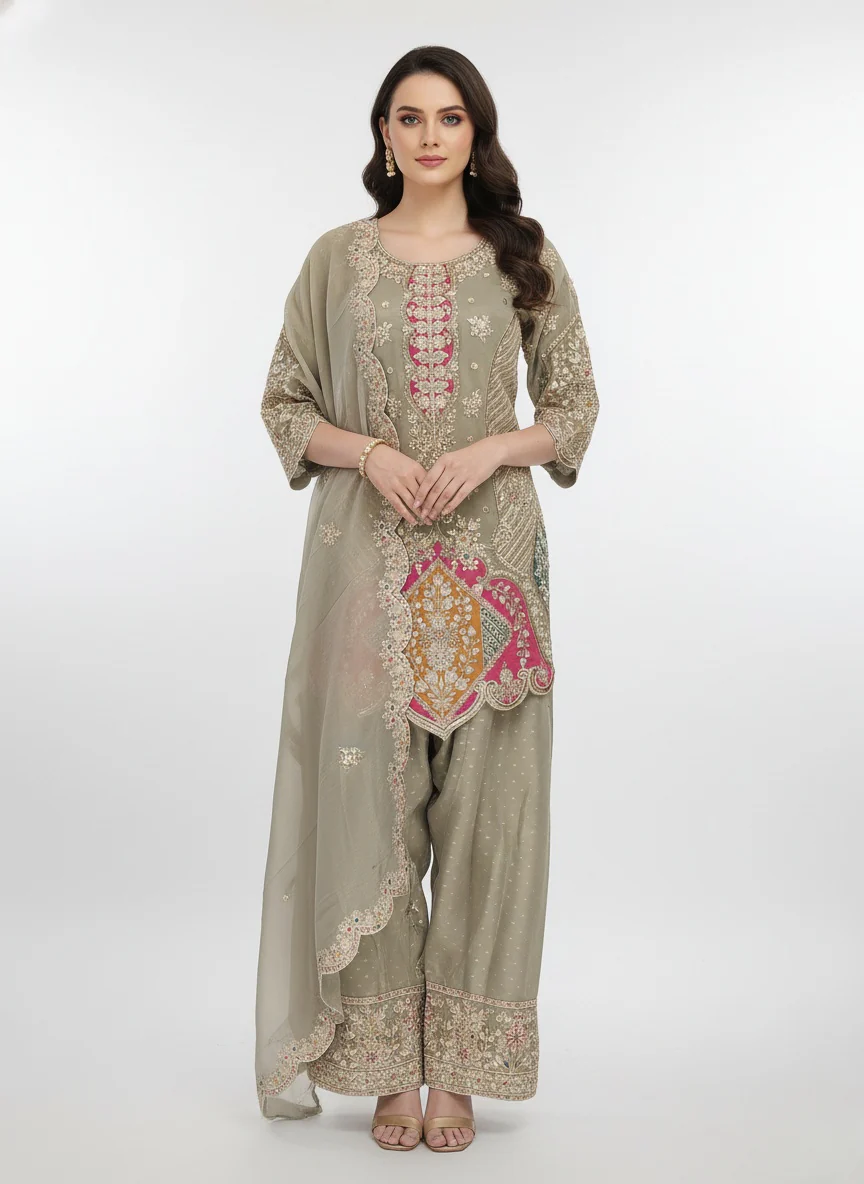 Taupe Beige Embroidered Kurta Palazzo Set with Scalloped Net Dupatta - Image 5