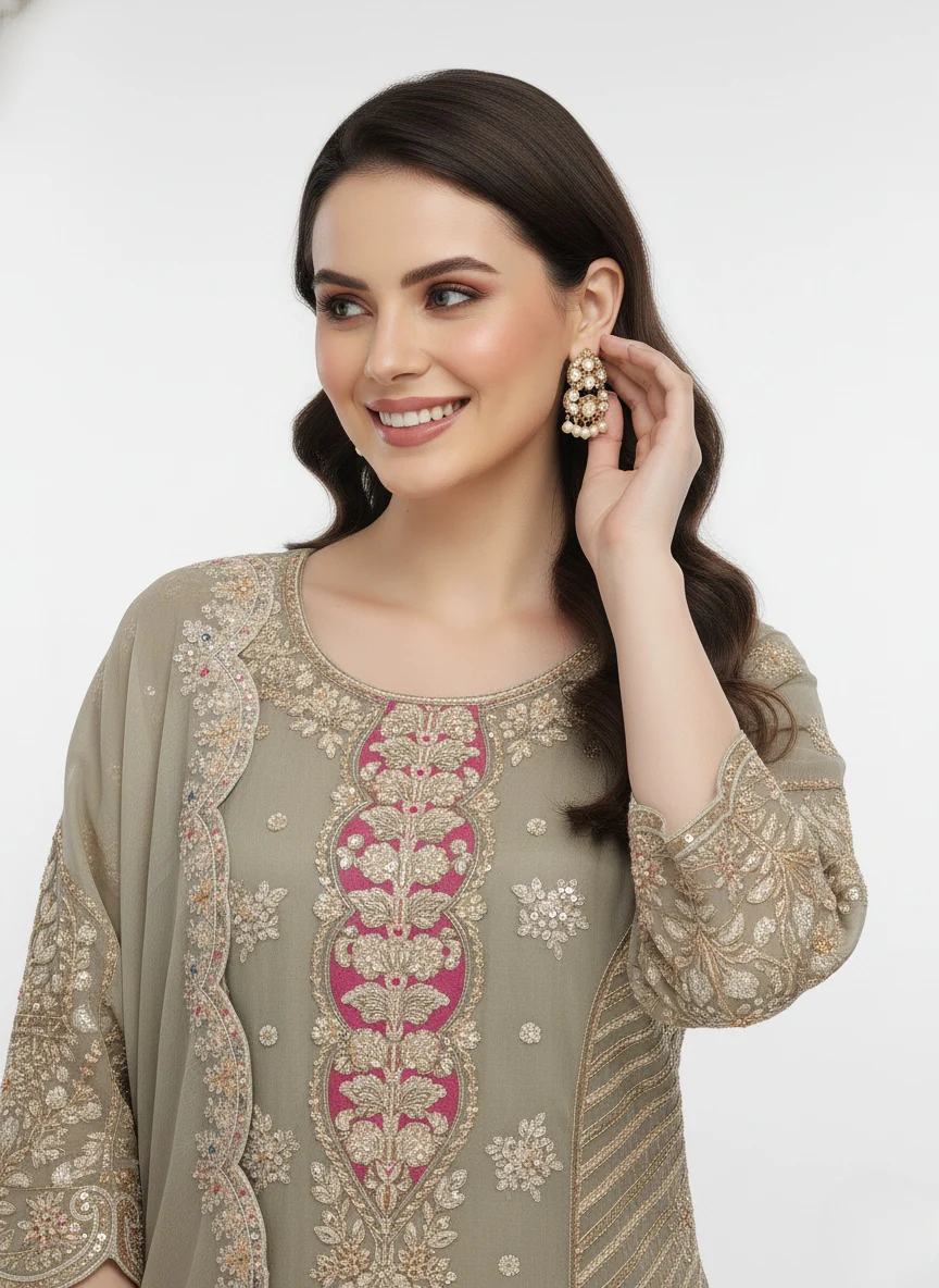 Taupe Beige Embroidered Kurta Palazzo Set with Scalloped Net Dupatta - Image 6
