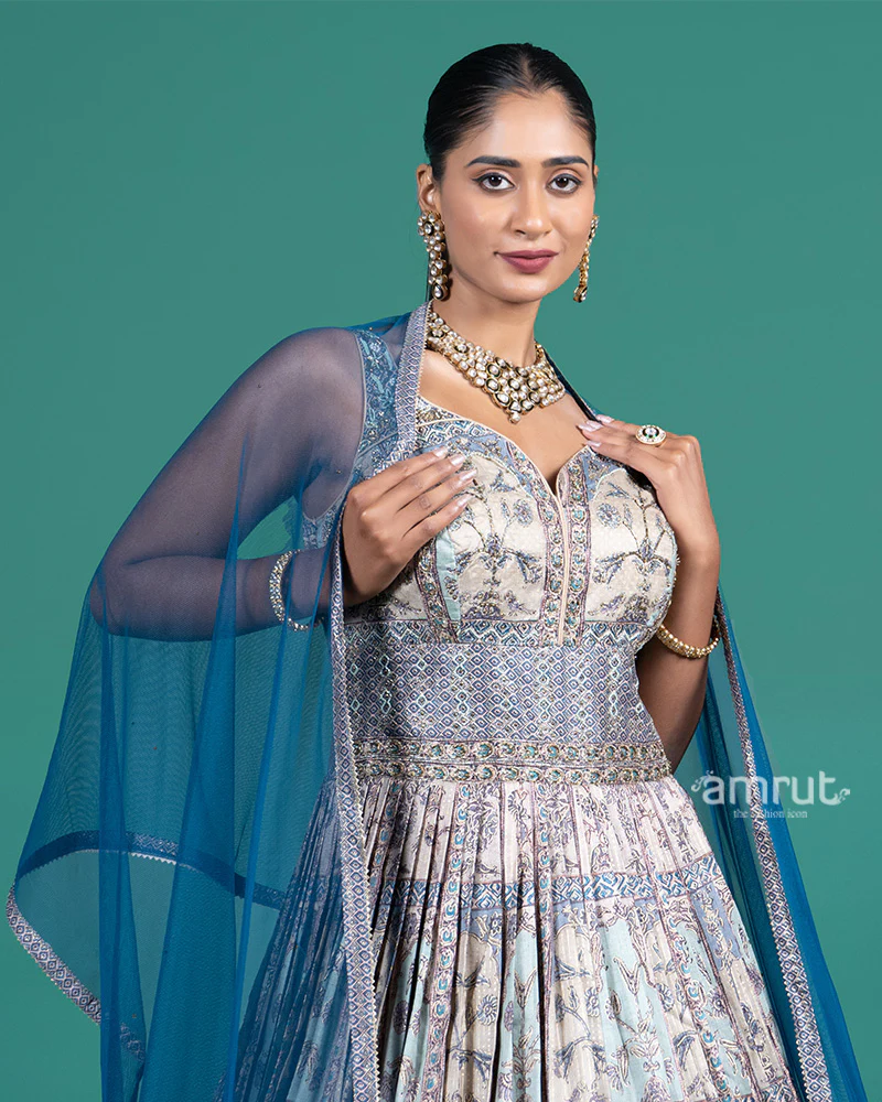 Teal and Beige Embroidered Gown with Net Dupatta - Image 2