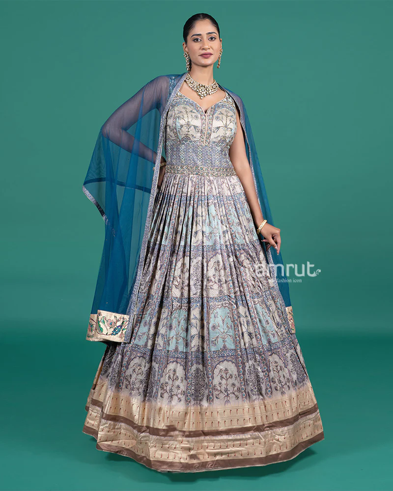 Teal and Beige Embroidered Gown with Net Dupatta - Image 4