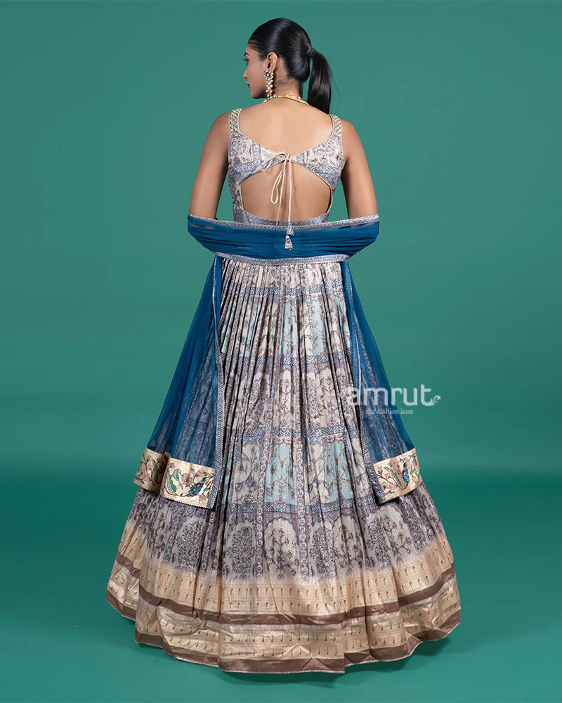 Teal and Beige Embroidered Gown with Net Dupatta - Image 5
