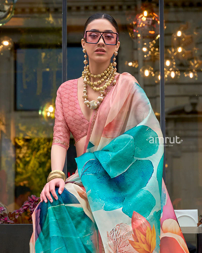 Teal and Coral Digital Floral Print Saree with Embellished Border and Unstitched Blouse - Image 2