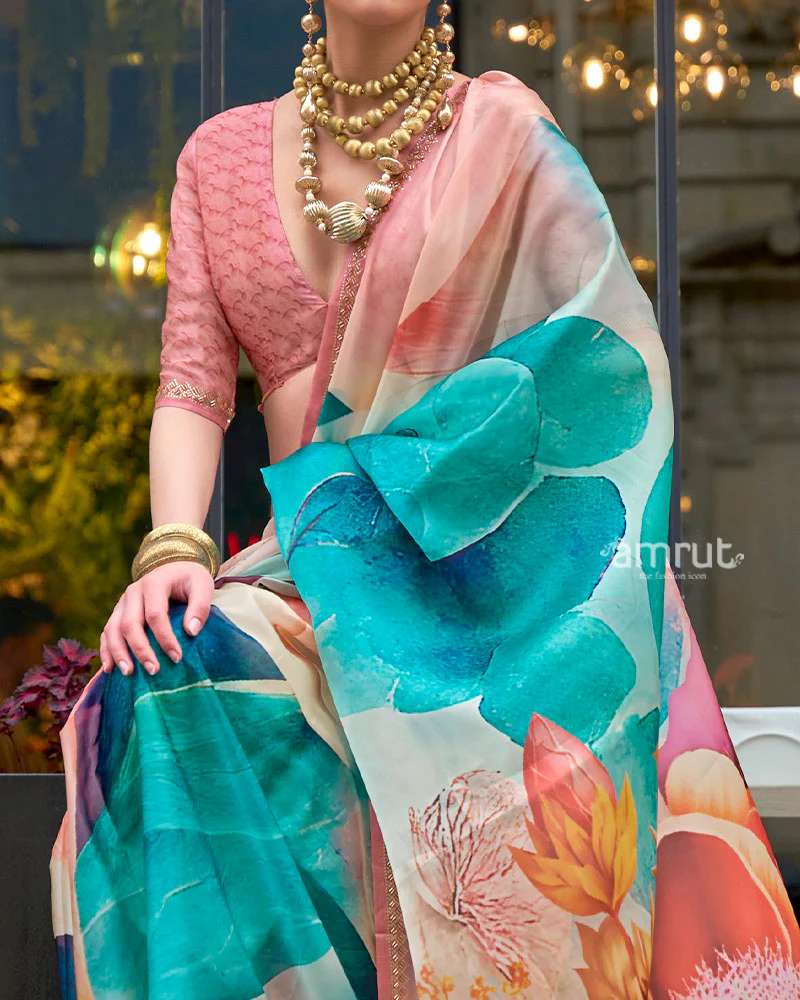 Teal and Coral Digital Floral Print Saree with Embellished Border and Unstitched Blouse - Image 3