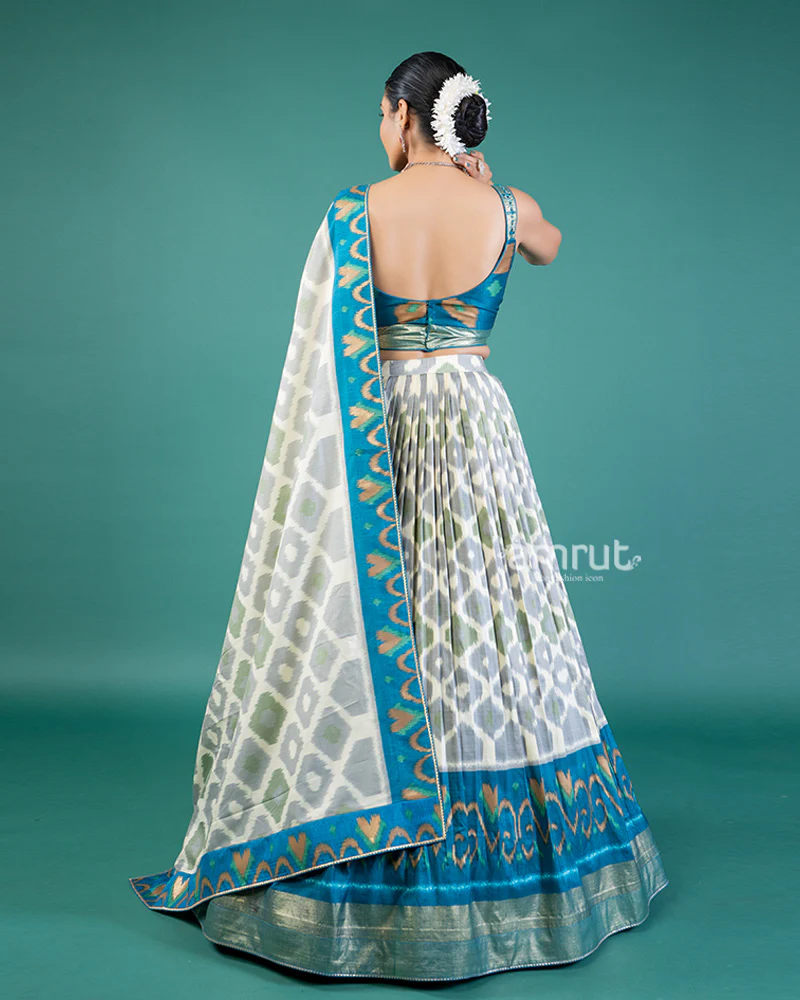 Teal-and cream Geometric Print Lehenga Choli & Dupatta - Image 3