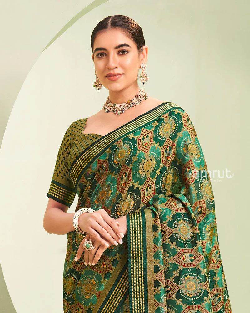 Teal and Green Floral Pattern Georgette Saree with Unstitched Blouse - Image 2