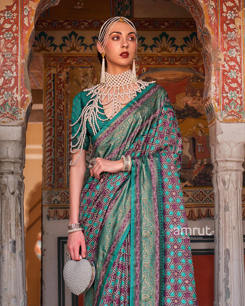 Teal and Purple Printed Silk Saree with Zari Border and Unstitched Blouse - Image 2