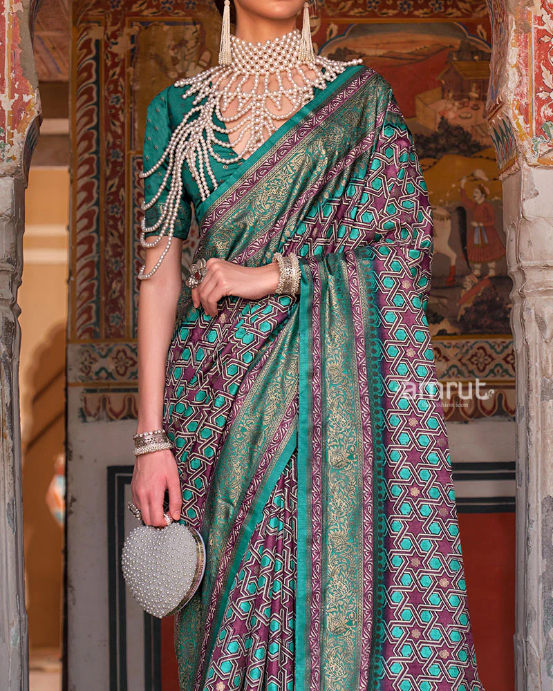 Teal and Purple Printed Silk Saree with Zari Border and Unstitched Blouse - Image 3