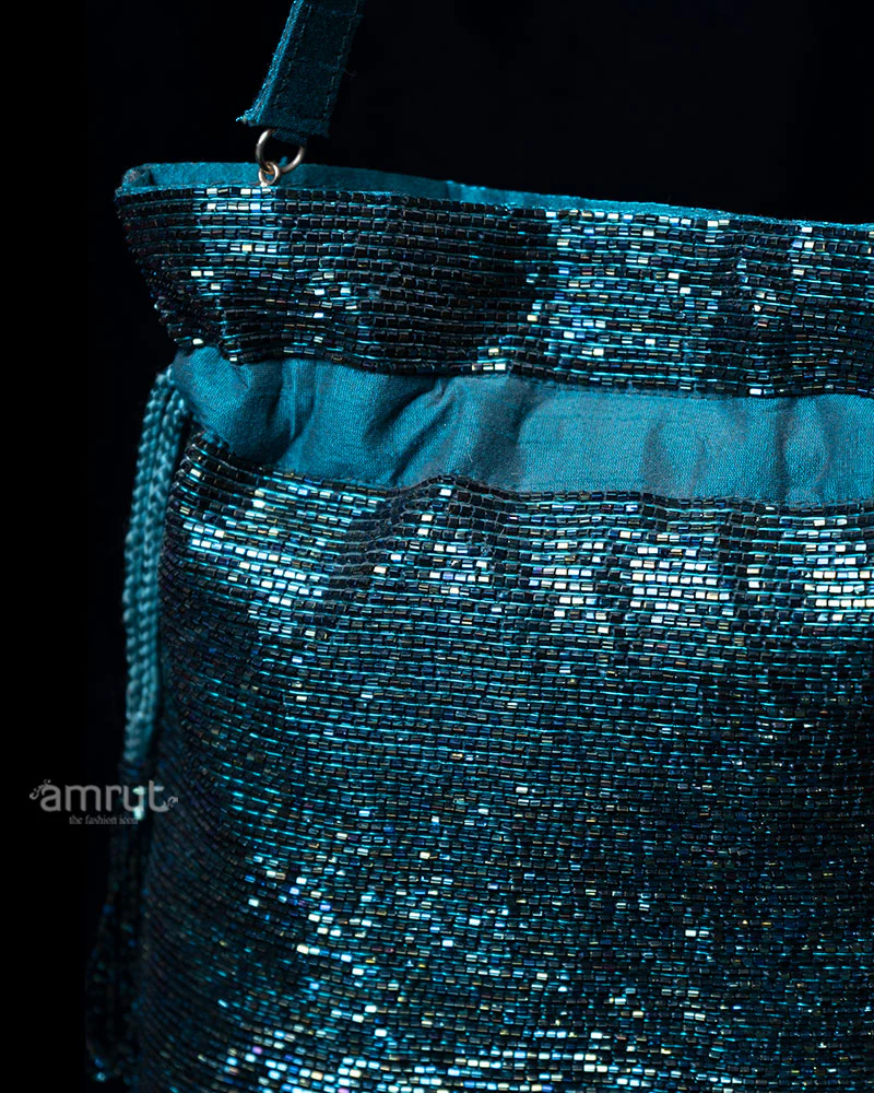 Teal Beaded Sequined Handbag with Fabric Strap - Image 2