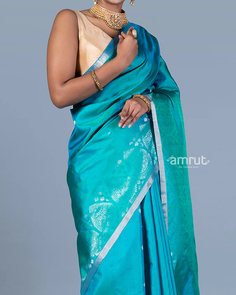 Teal Blue and Green with Intricate Golden Patterns Silk Saree with Unstitched Blouse - Image 3