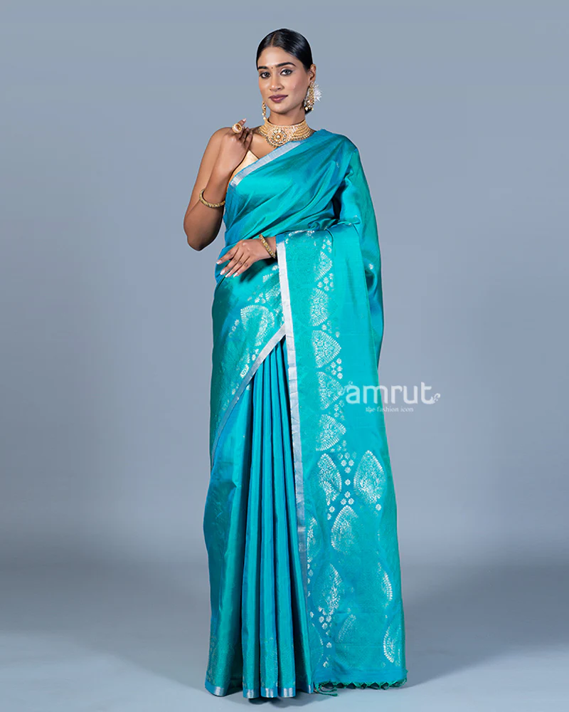 Teal Blue and Green with Intricate Golden Patterns Silk Saree with Unstitched Blouse - Image 4