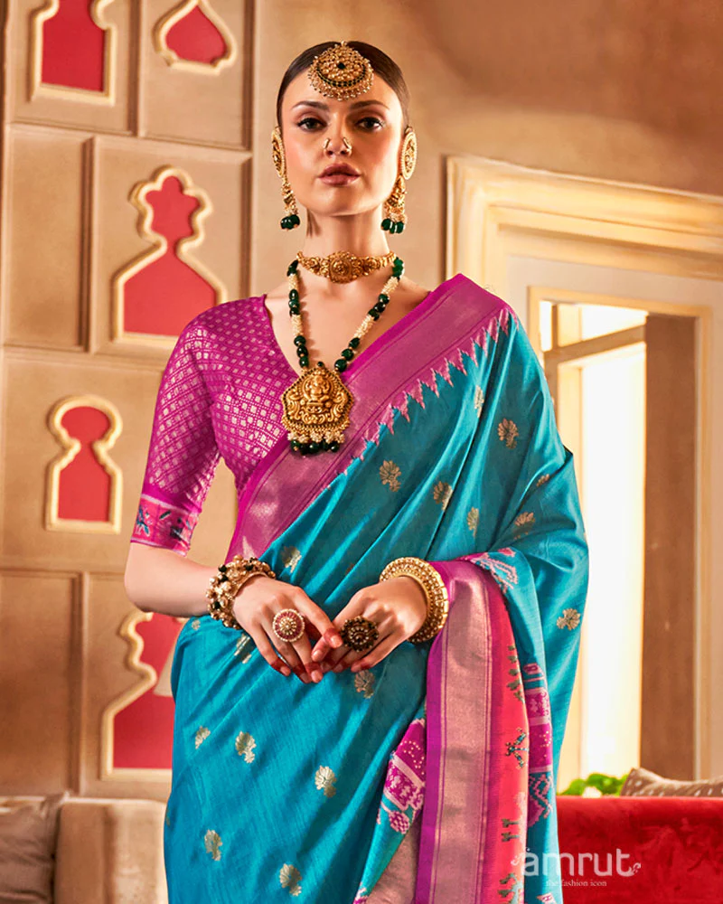 Teal Blue and Magenta Ikat Woven Border Silk Saree with Unstitched Blouse - Image 2