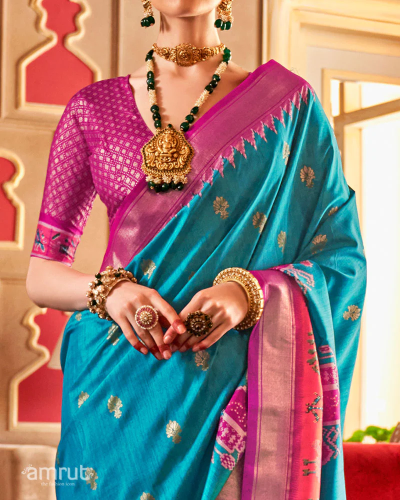 Teal Blue and Magenta Ikat Woven Border Silk Saree with Unstitched Blouse - Image 3