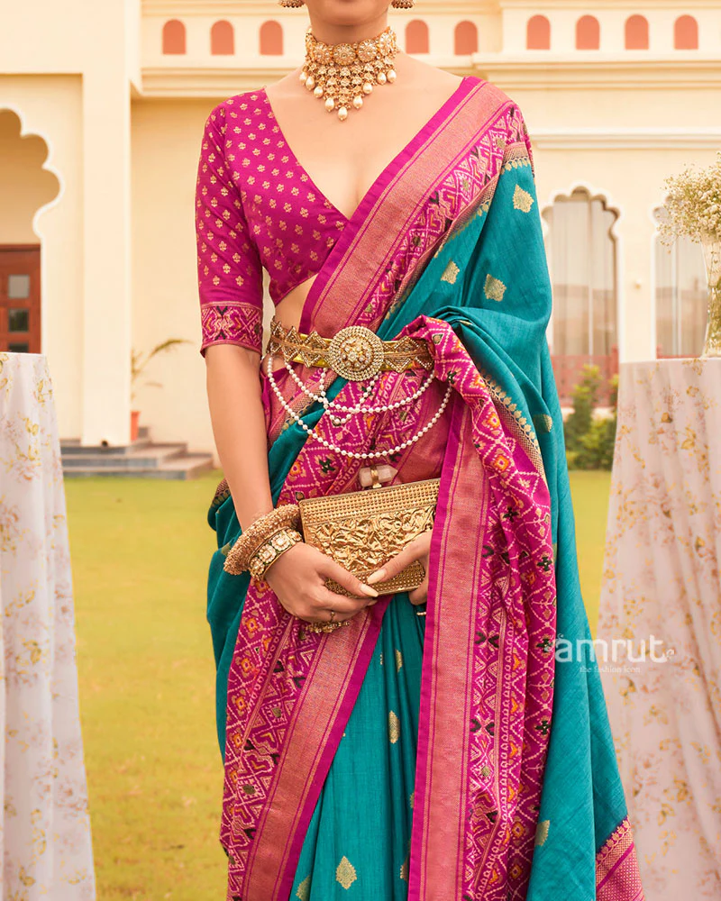 Teal Green & Rani Pink Patola Silk Saree with Traditional Woven Borde - Image 3