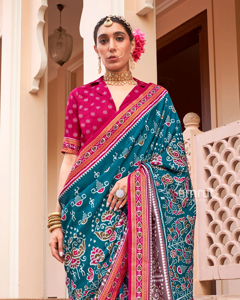 Teal Blue and Pink Broad Border Patola Silk Saree with Unstitched Blouse - Image 2