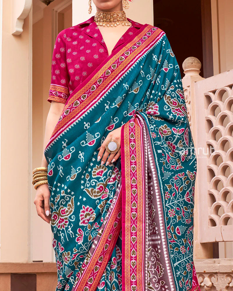 Teal Blue and Pink Broad Border Patola Silk Saree with Unstitched Blouse - Image 3