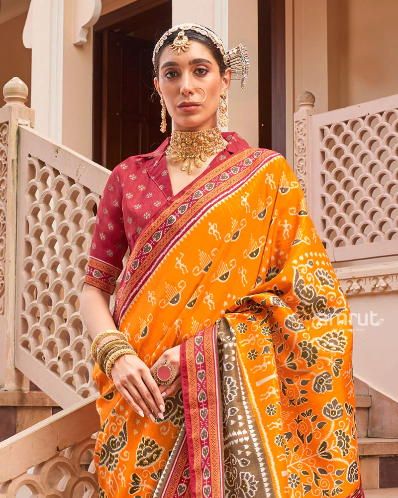 Mustard Yellow and Maroon Broad Border Patola Silk Saree with Unstitched Blouse - Image 2