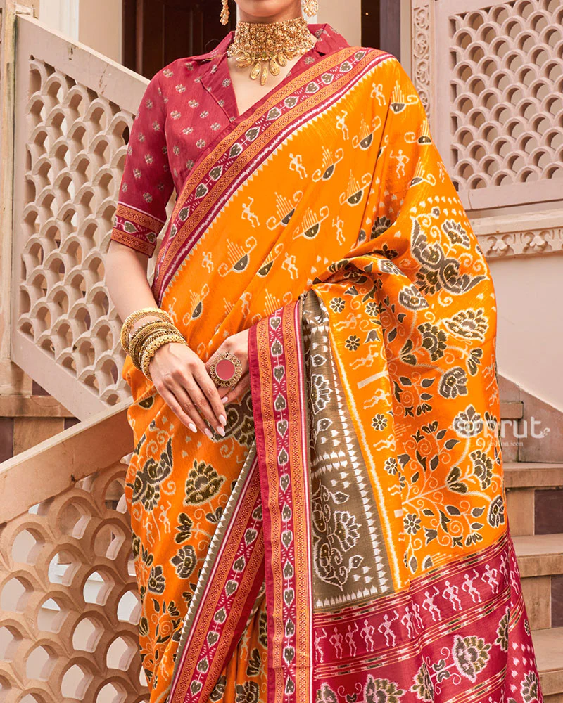 Mustard Yellow and Maroon Broad Border Patola Silk Saree with Unstitched Blouse - Image 3