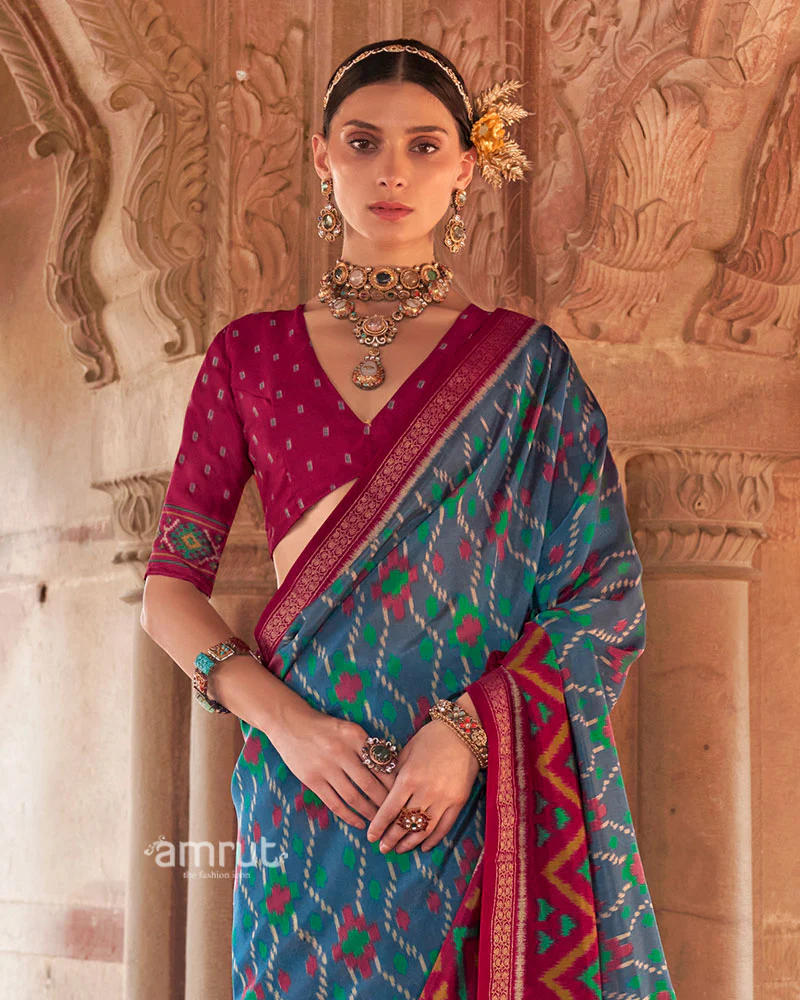 Teal Blue and Rani Pink Ikat Patola Printed Saree with Unstitched Blouse - Image 2