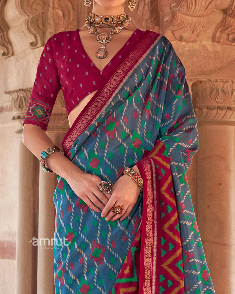 Teal Blue and Rani Pink Ikat Patola Printed Saree with Unstitched Blouse - Image 3